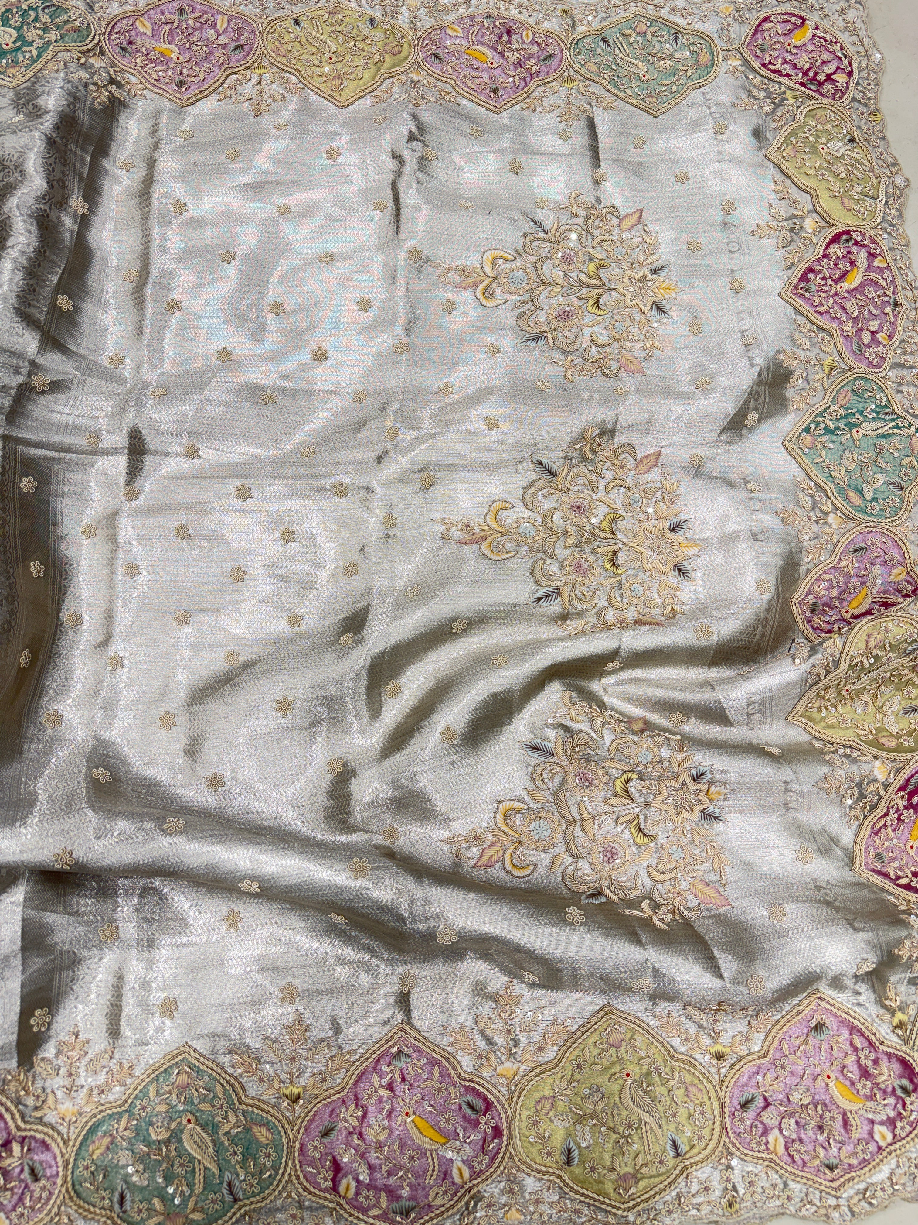 Silver Tissue Kanjivaram Zardosi Patch Work Hand Embroidery Saree