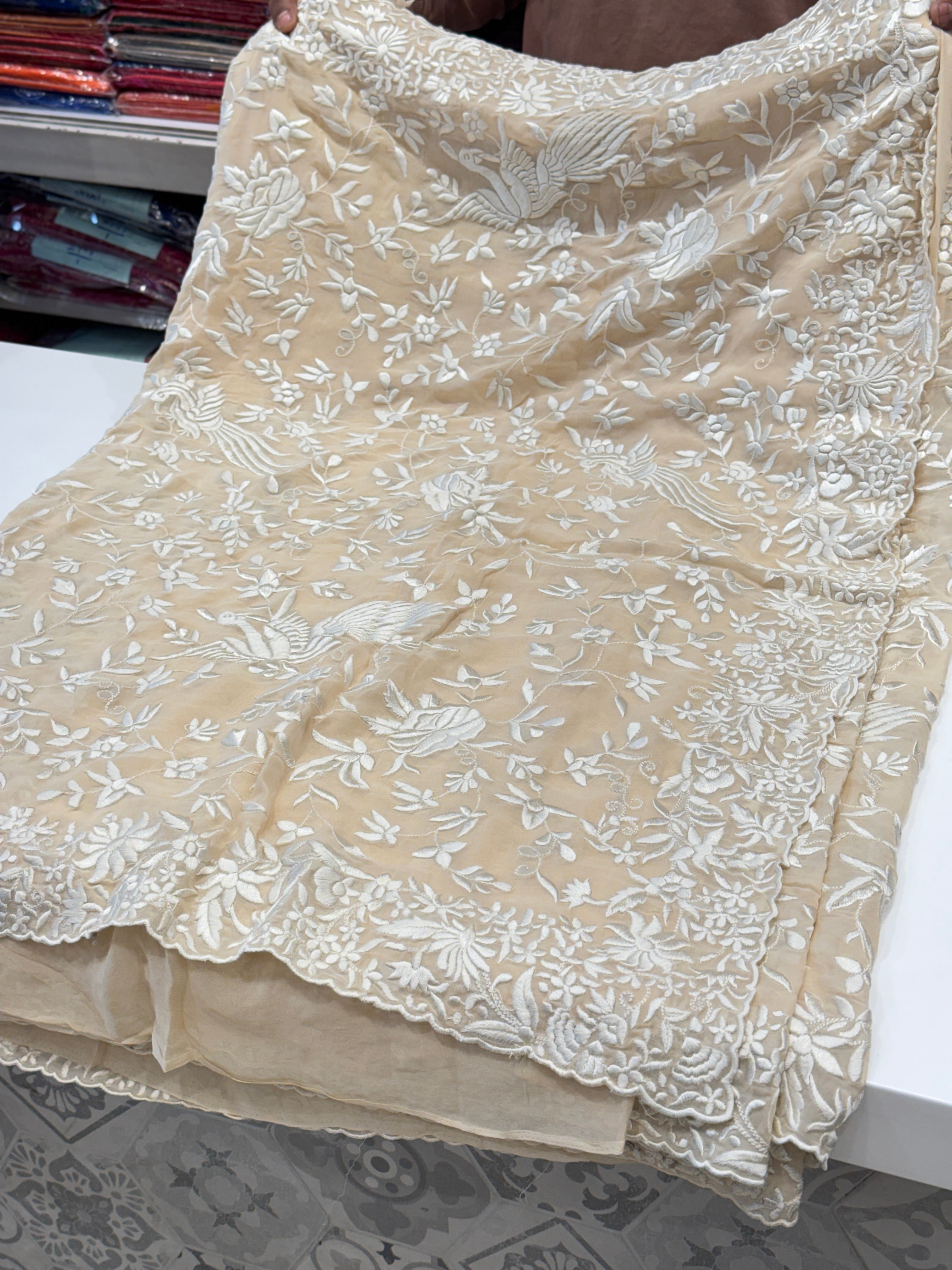 Beige Parsi Gara Saree On Georgette