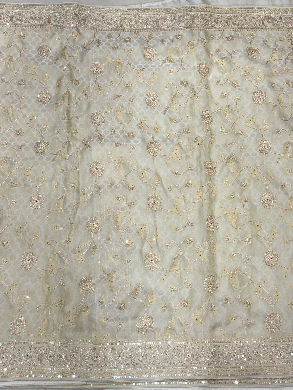Beige Banarasi Crepe Tissue Zardodi Jaal Hand Embroidery Saree