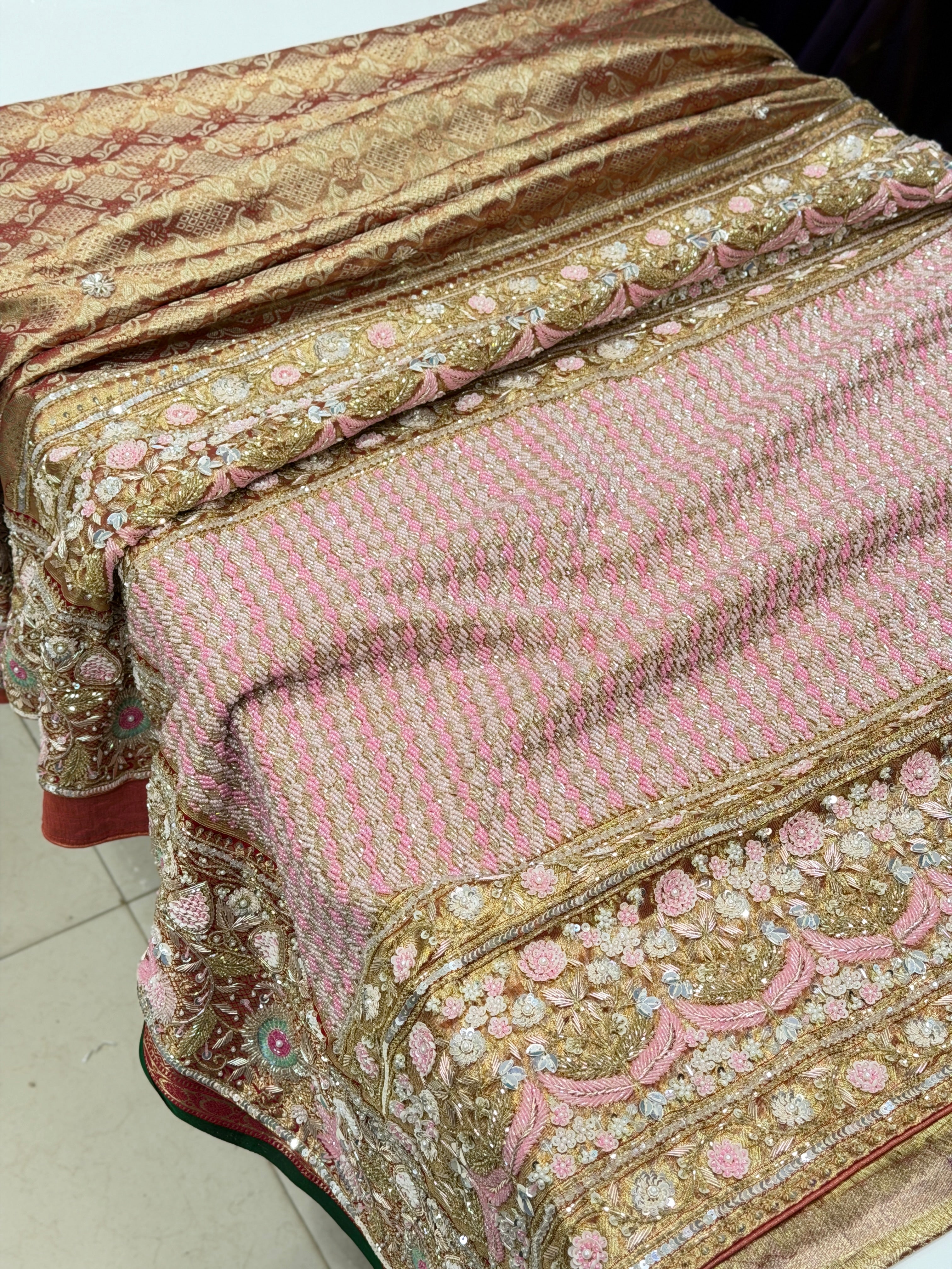 Red Tissue Kanjivaram Hand Embroidery Zardosi Moti Saree