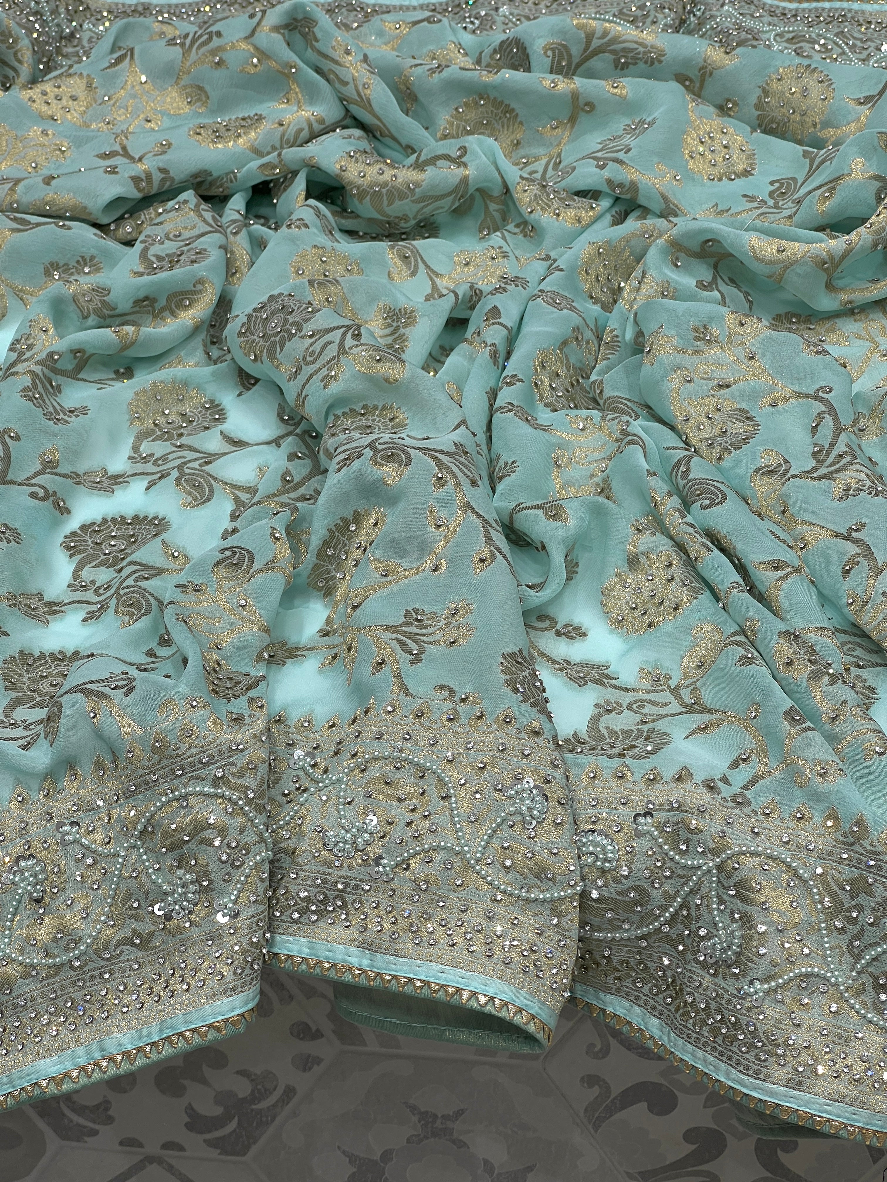 Sea Green Georgette Hand Embroidery Saree