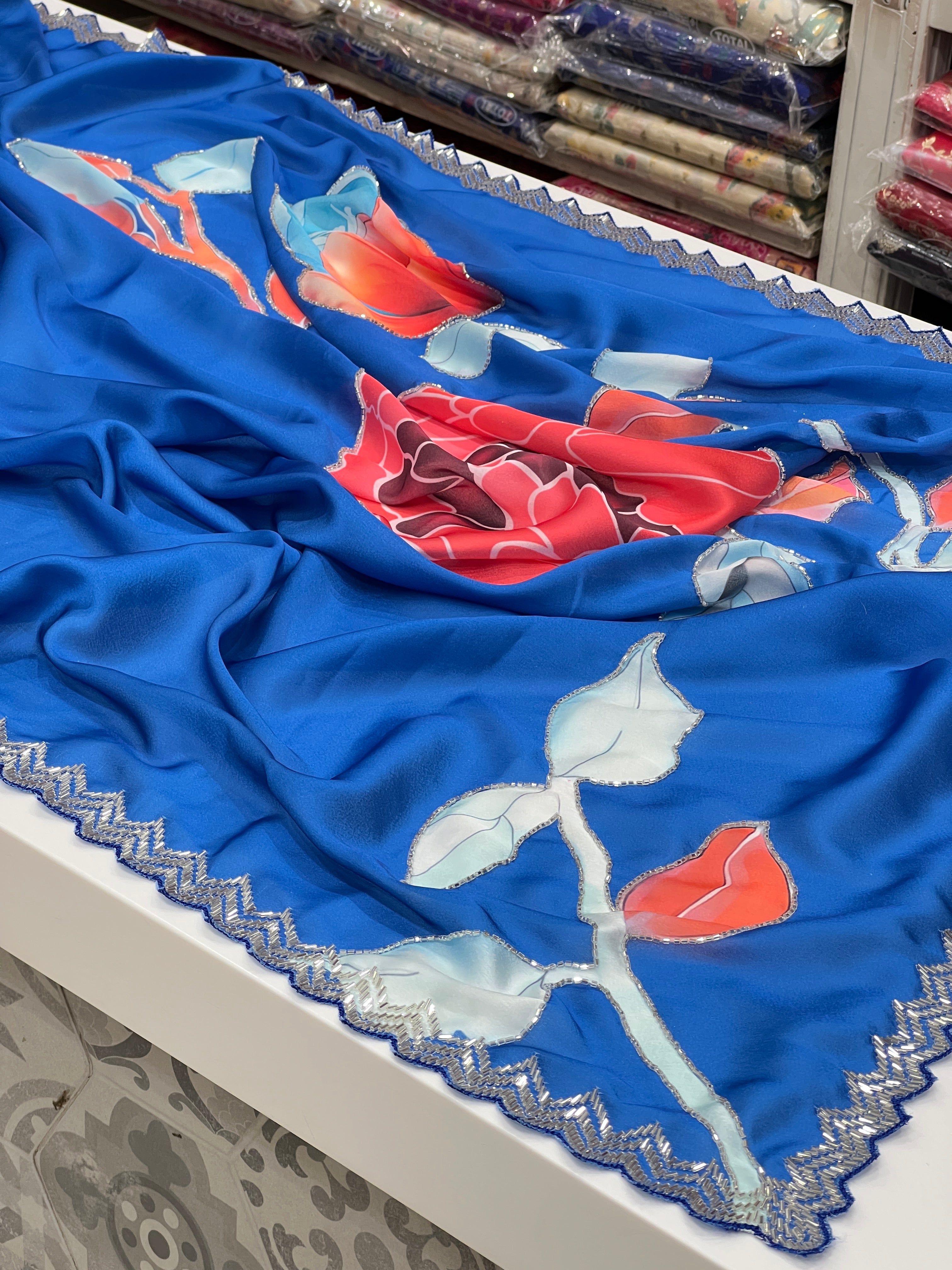 Blue Satin Border Embroidery Saree