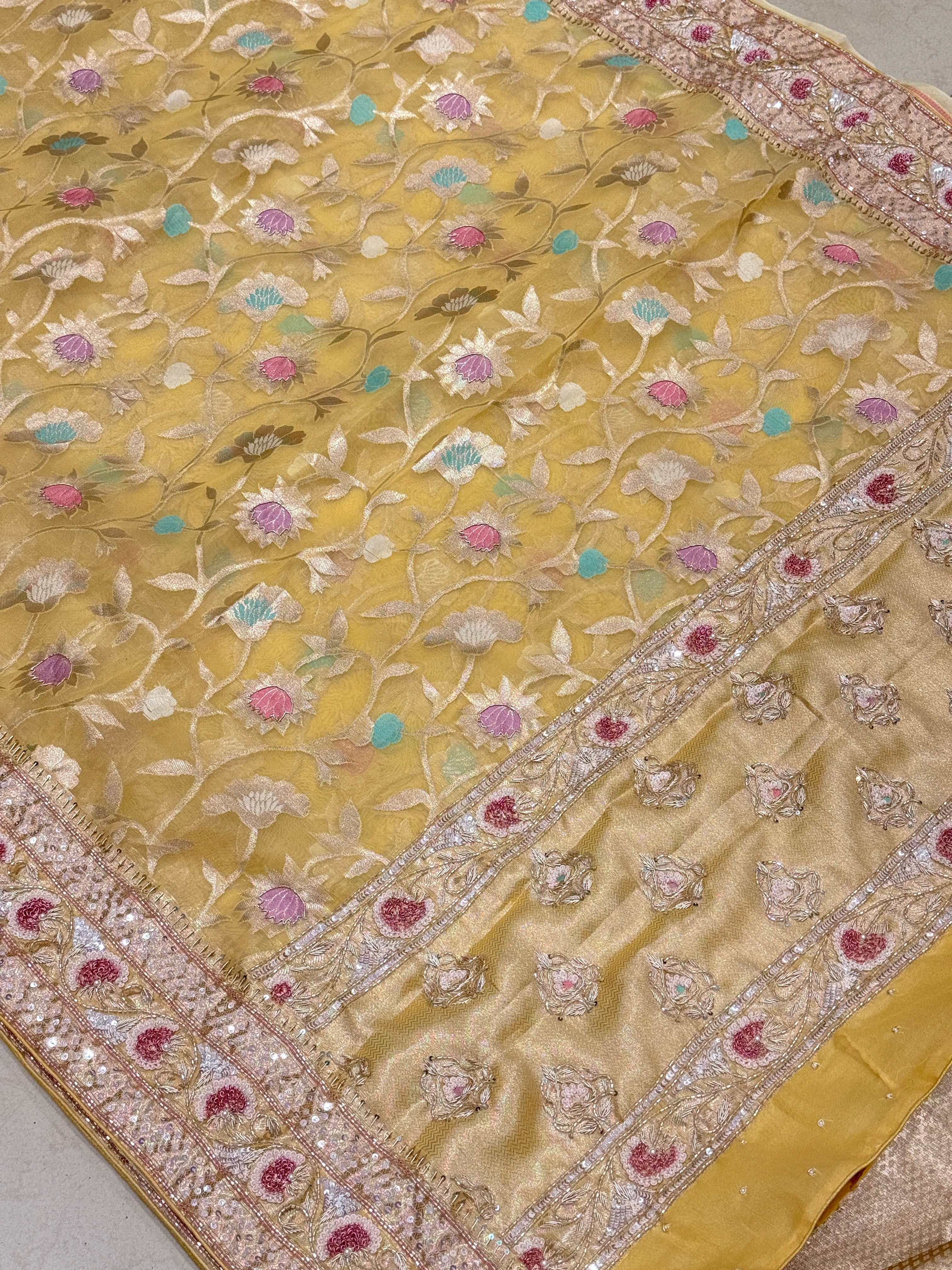 Yellow Meenakari Banarasi Kora Sequin Zardosi Hand Embroidery Saree