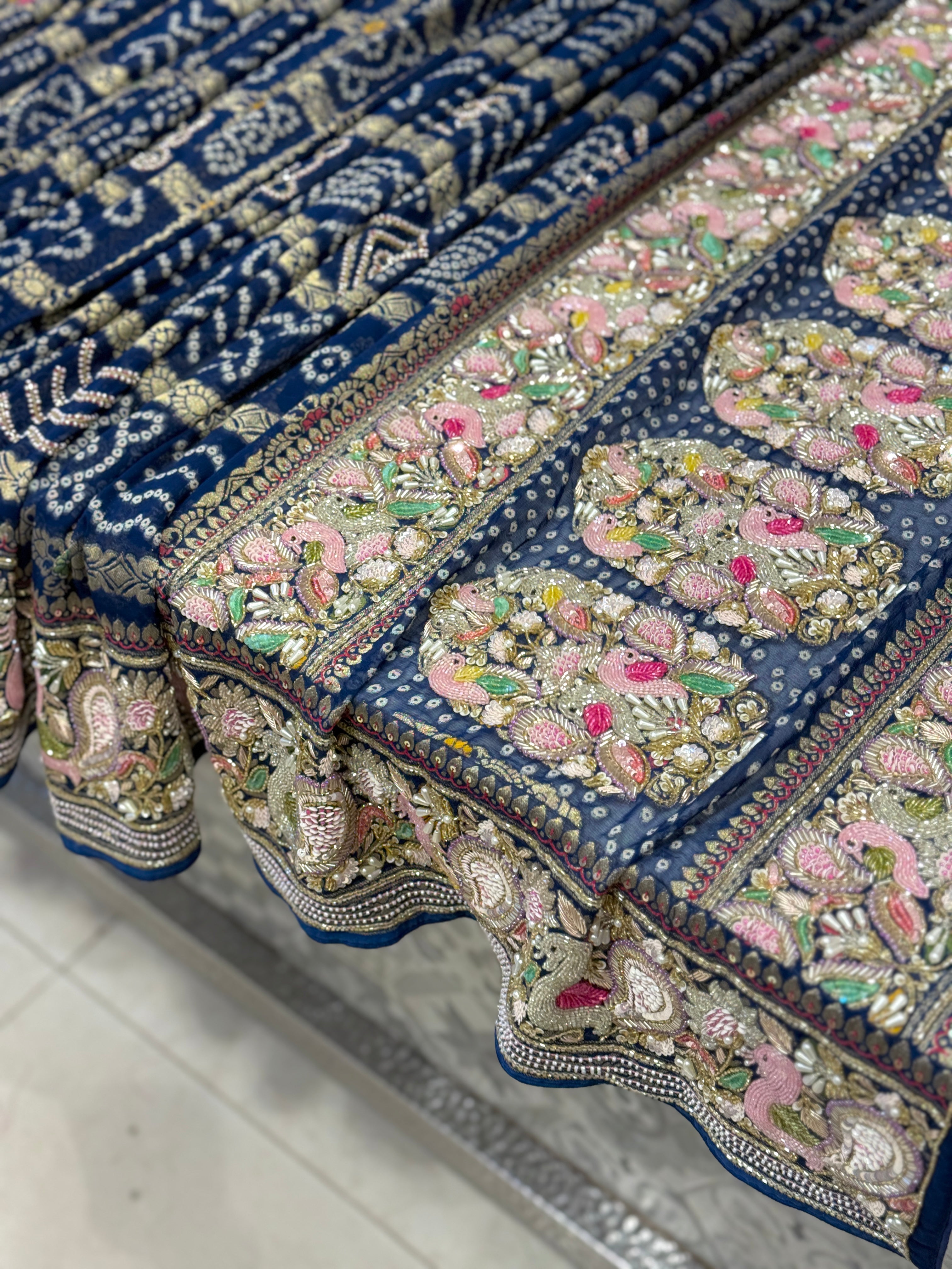 Blue Gharchola Moti Sequin Zardosi Hand Embroidery Georgette Saree