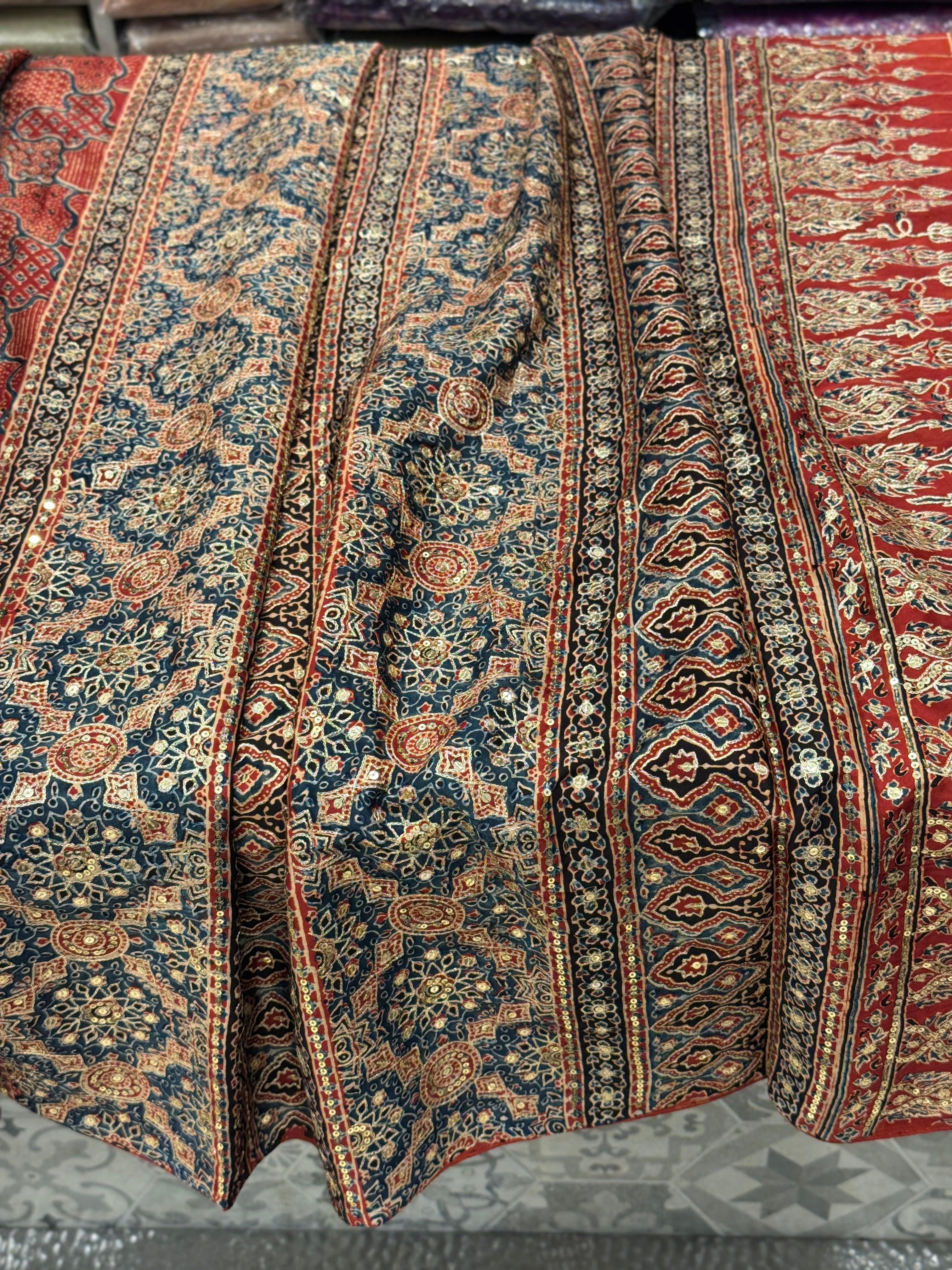 Red Blue Abstract Pita Sequin Ajrakh Hand Embroidery Saree