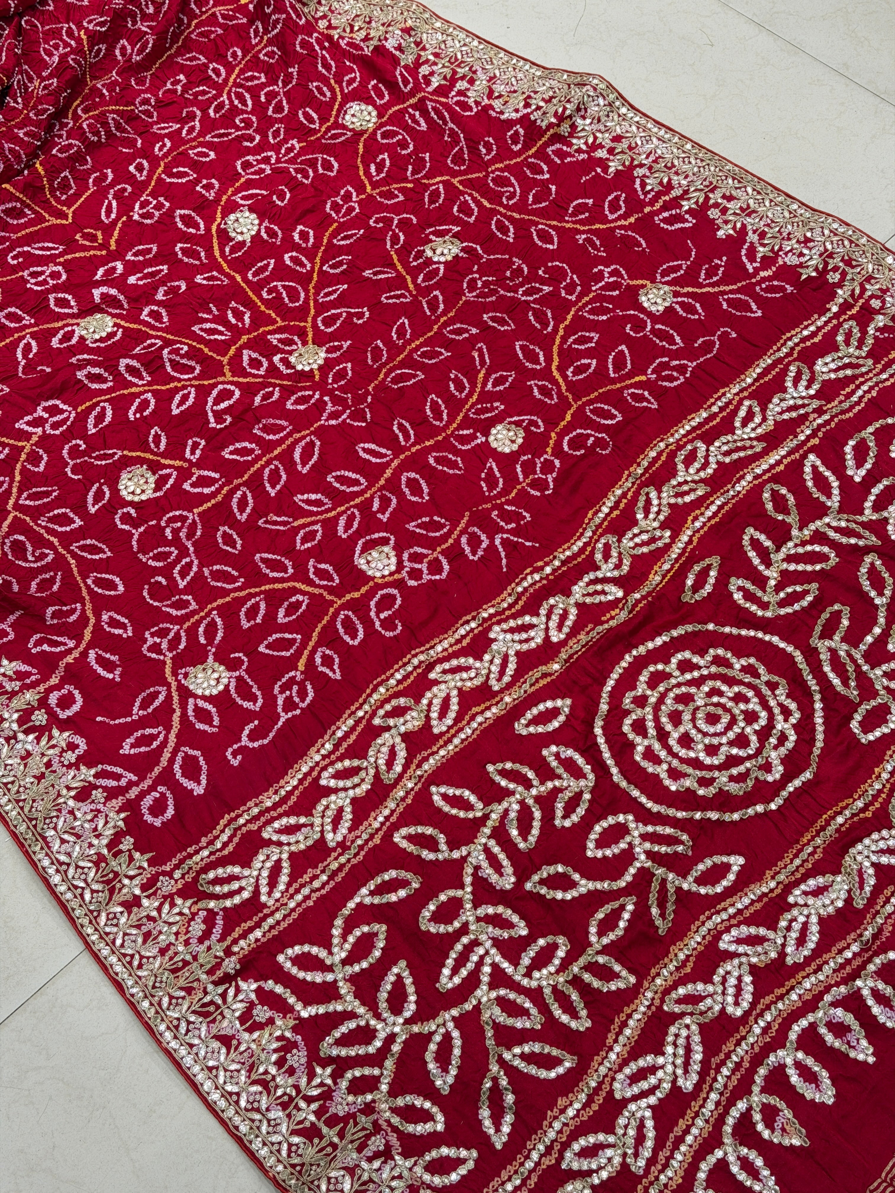 Red Gajji Silk Bandhej Hand Embroidery Gotapatti Marodi Saree
