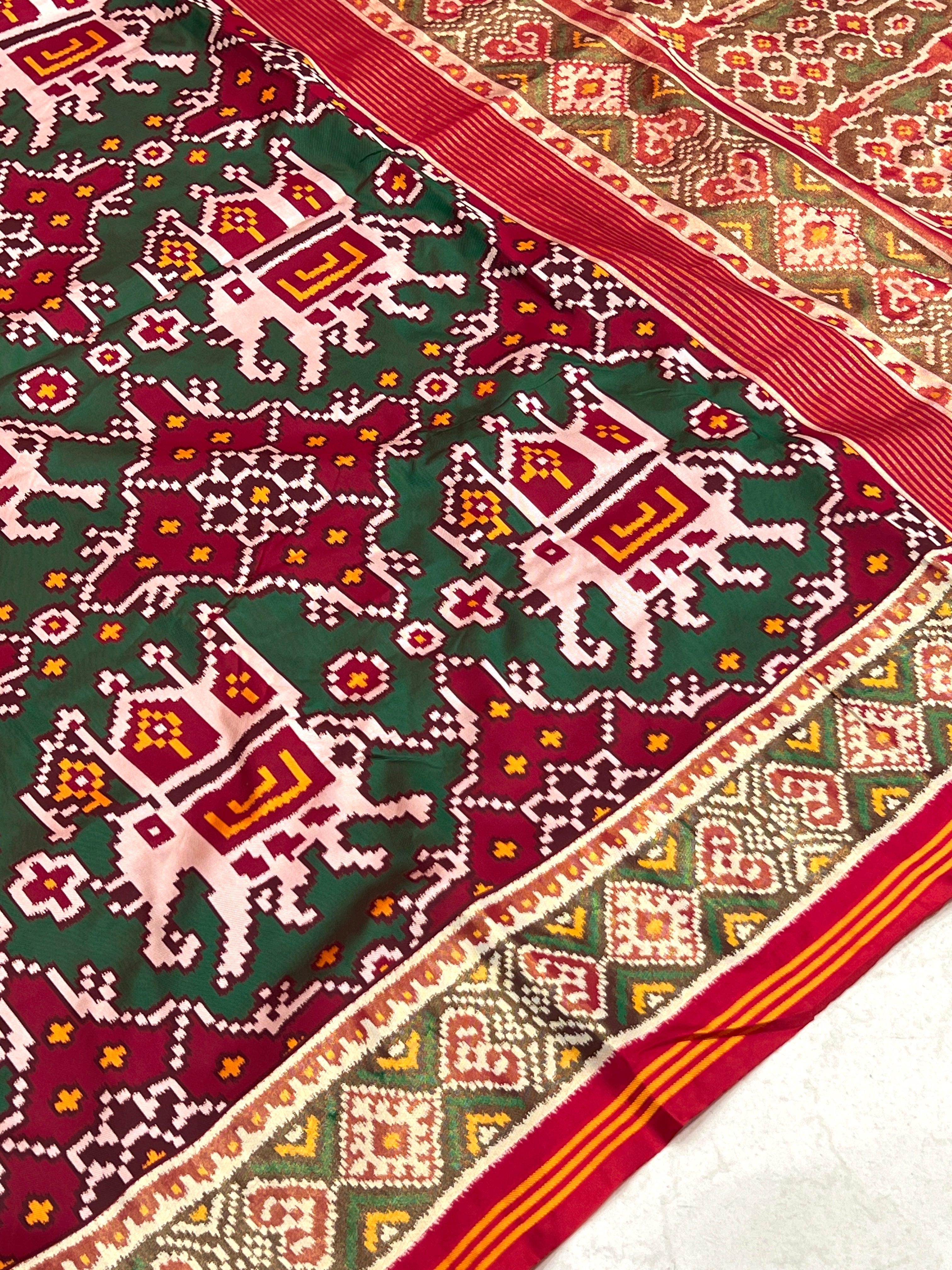Maroon Green Chabdi Elephant Semi Silk Weaved Patan Patola Saree