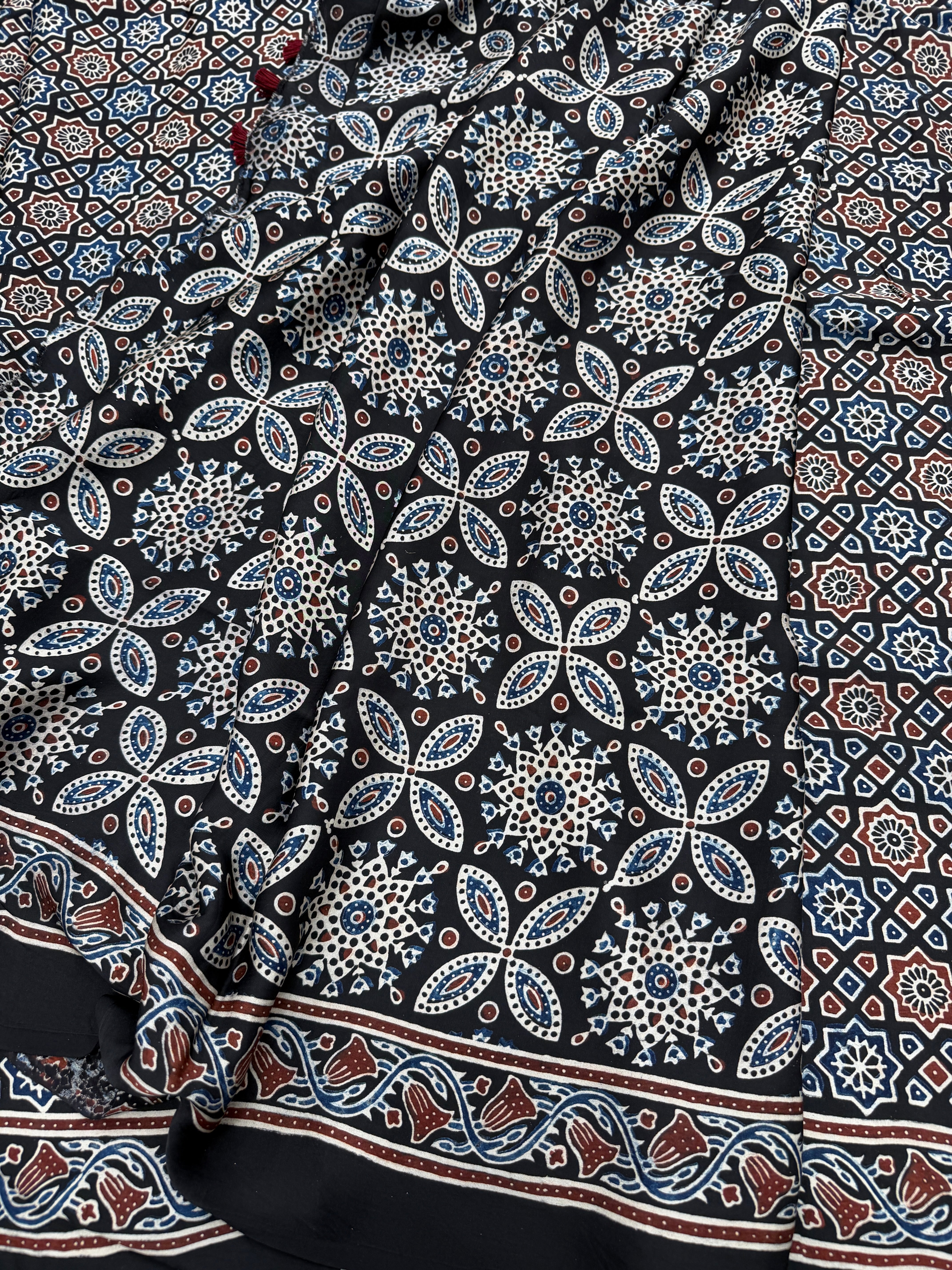 Black Jaal Ajrakh Hand Block Print Pure Gajji Silk Saree