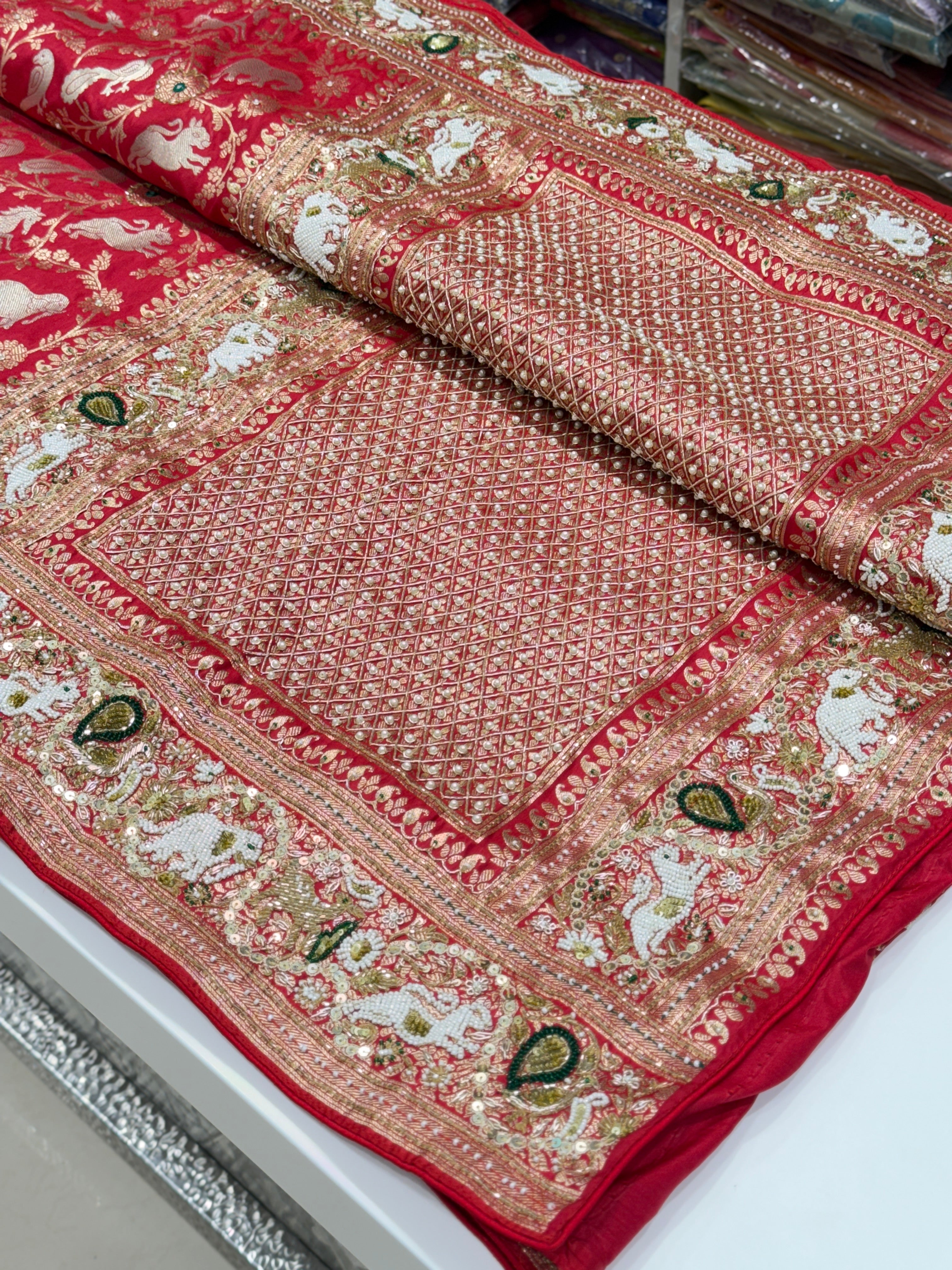 Red Banarasi Shikara Moti Embroidery