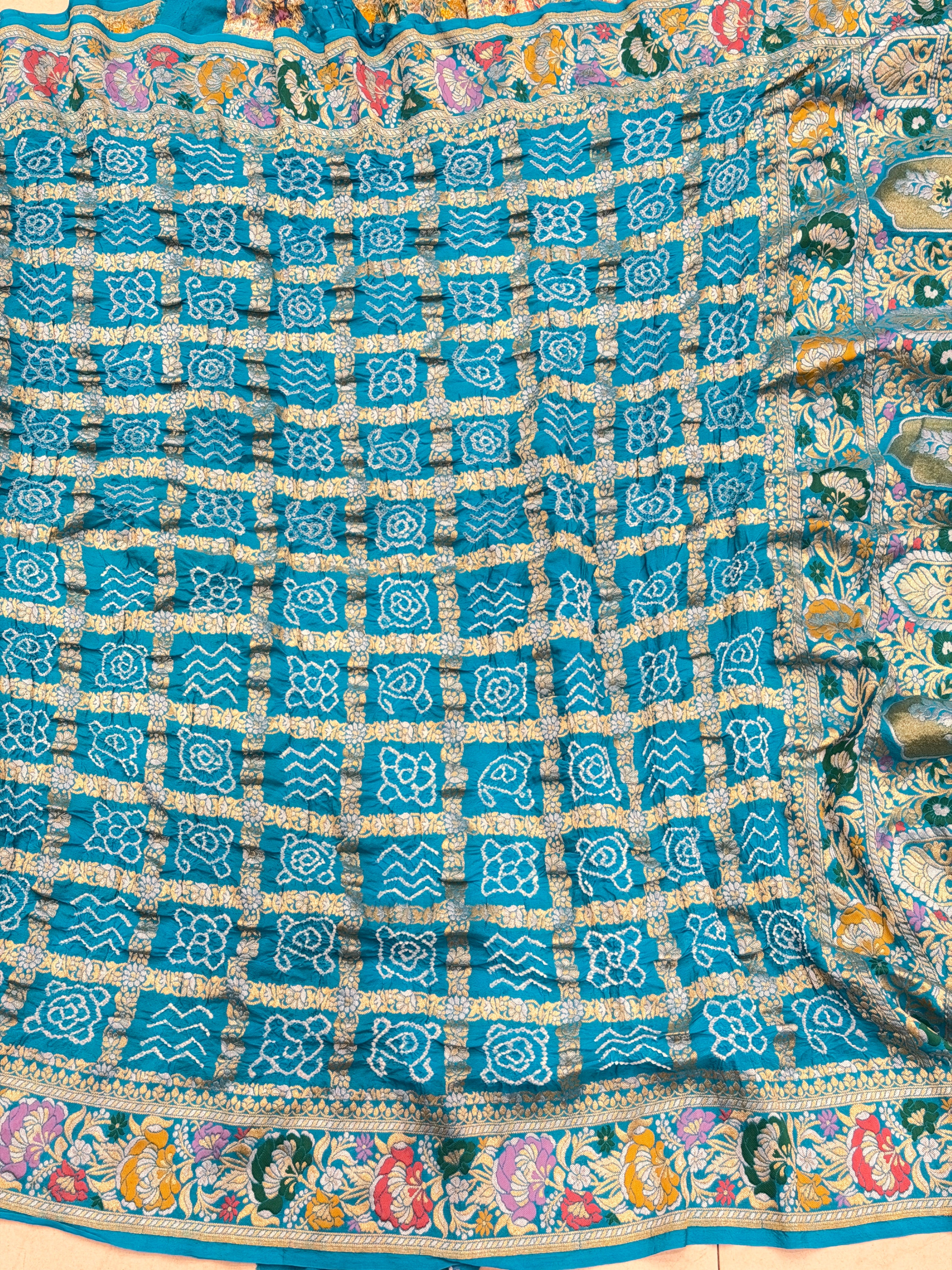 Blue Meenakari Border Gharchola Style Pure Handloom Bandhej Georgette Saree