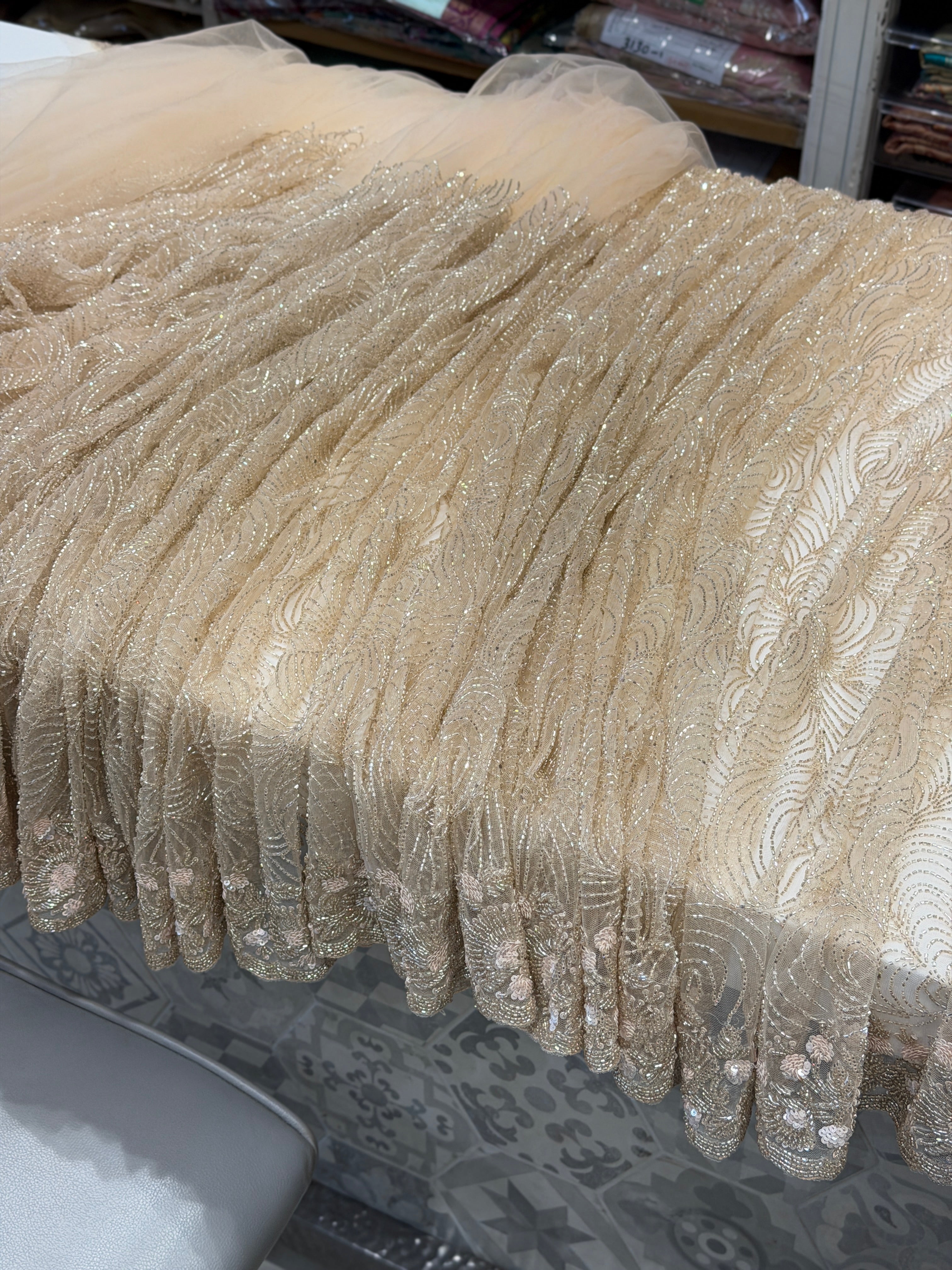 Nude Net Hand Embroidery Zardosi Moti Knot Work Saree