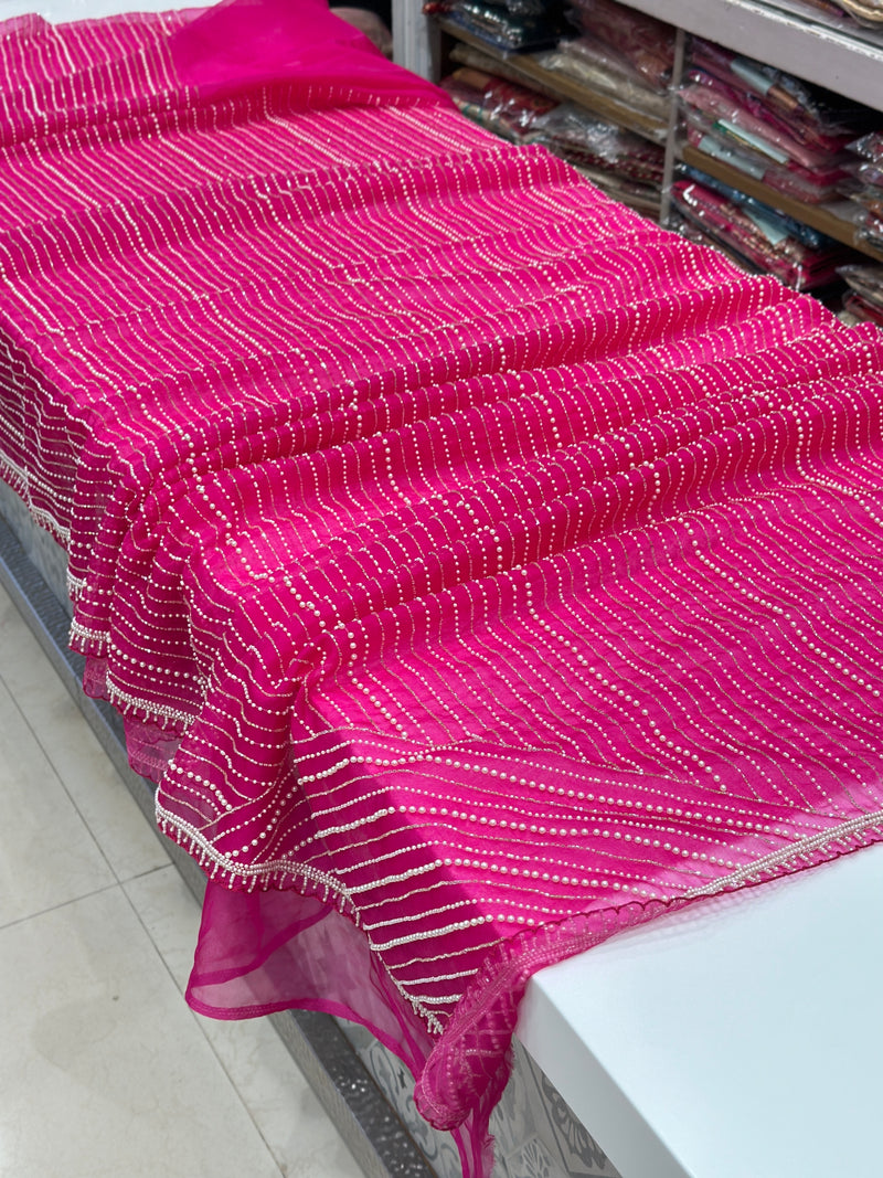 Rani Pink Organza Moti Sequin Embroidery Saree