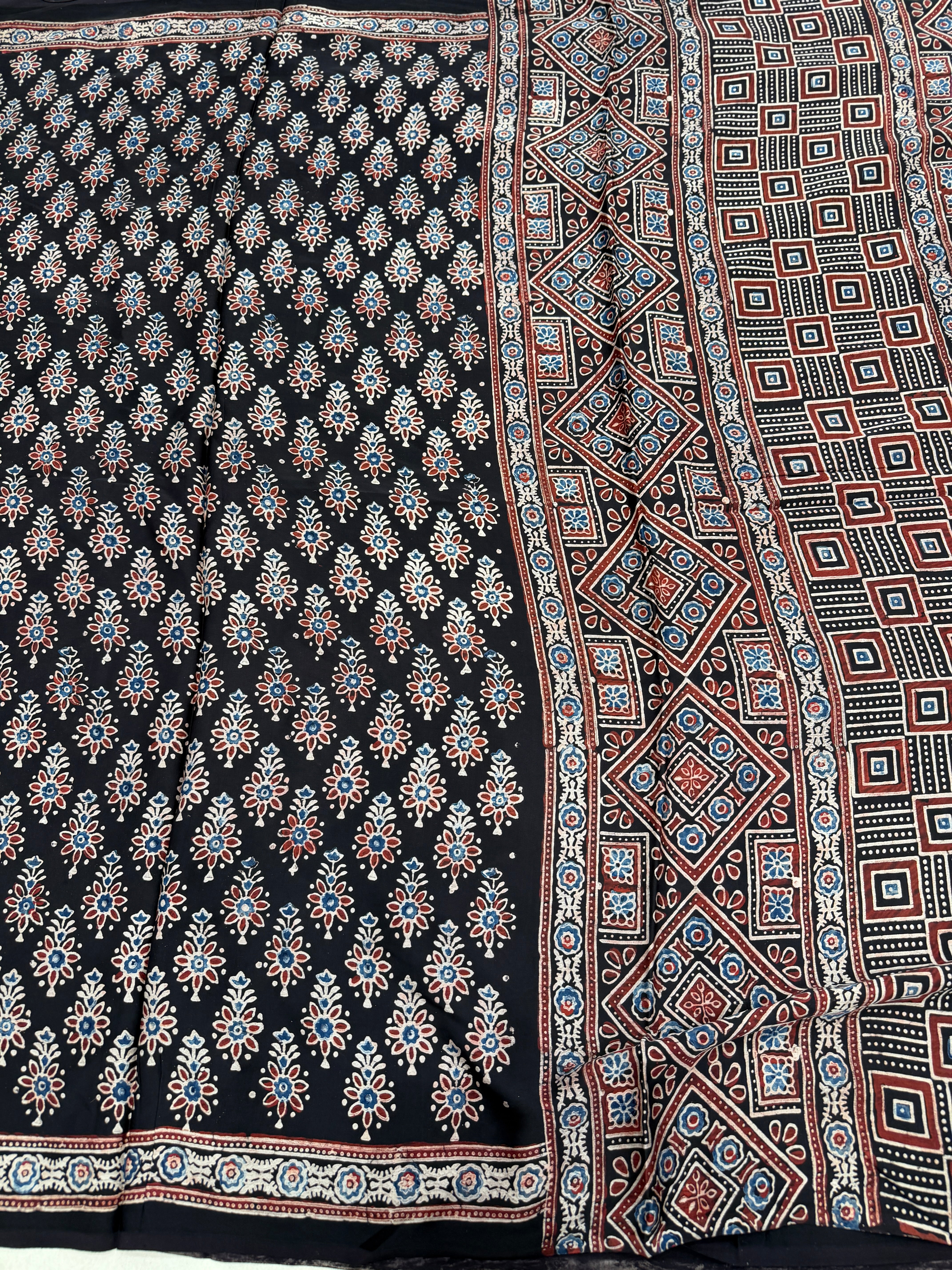 Black Buttis Ajrakh Hand Block Print Pure Gajji Silk Saree