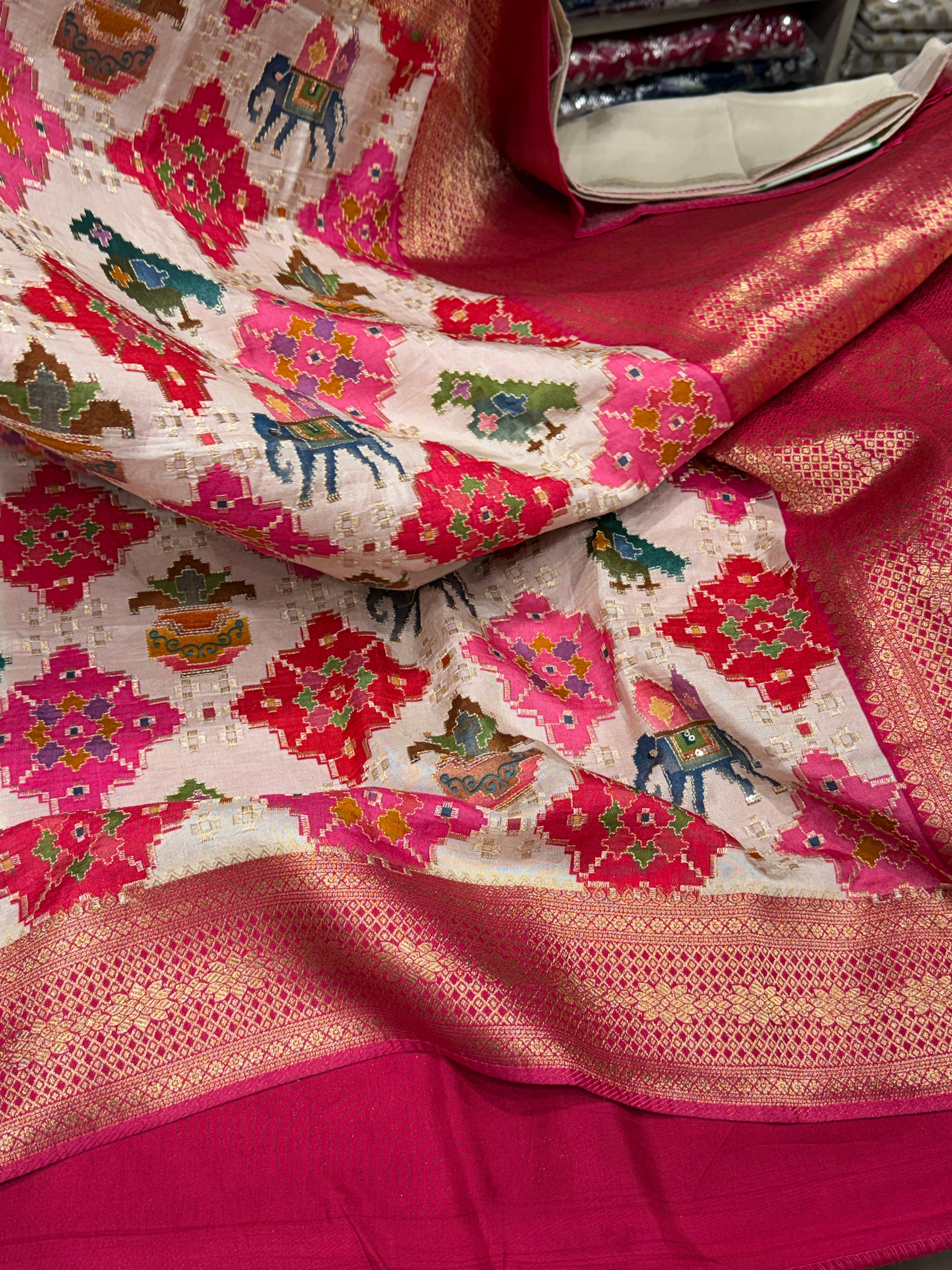 Beige Banarasi Munga Patola Style With Pita Embroidery