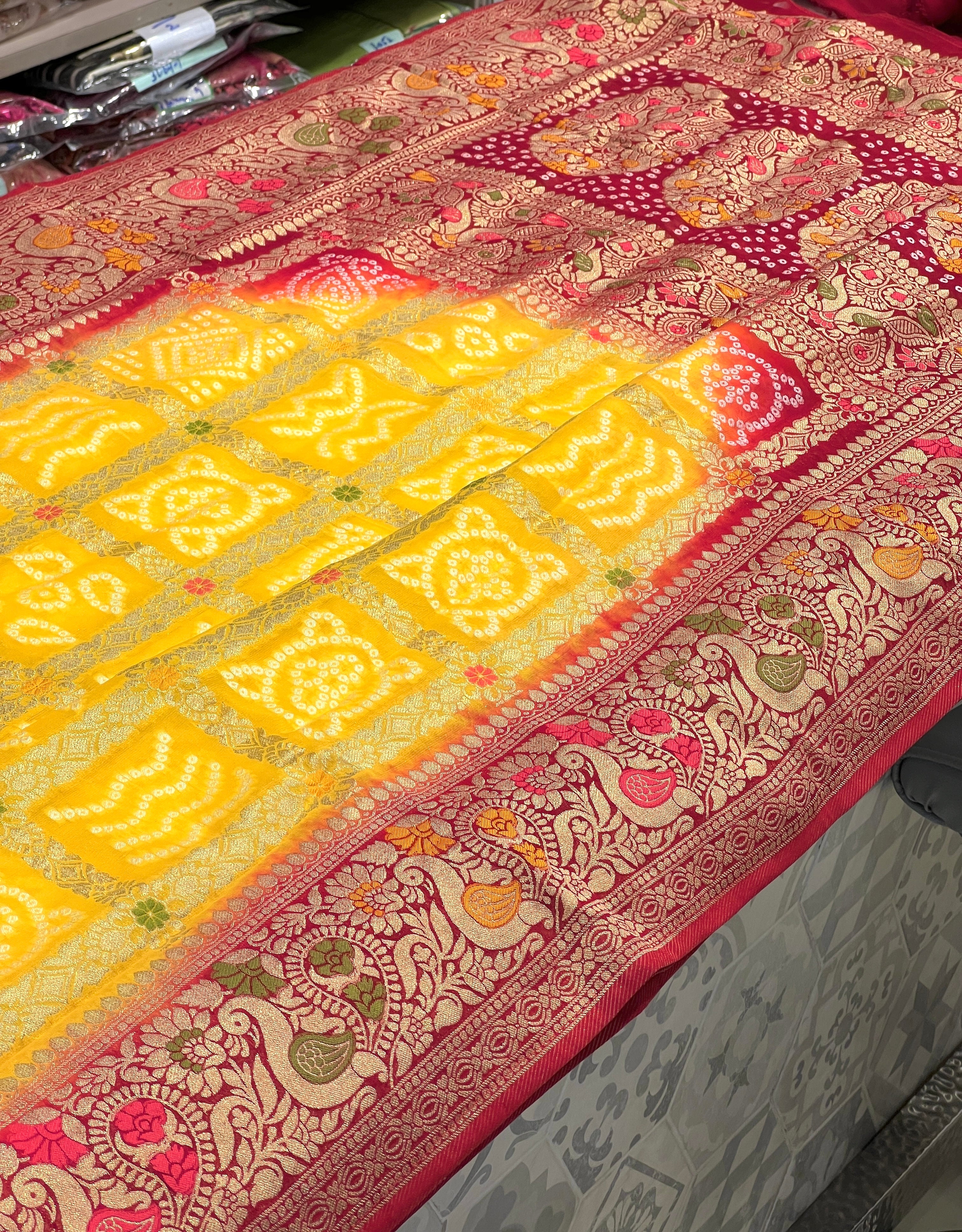 Yellow Red Gharchola Saree