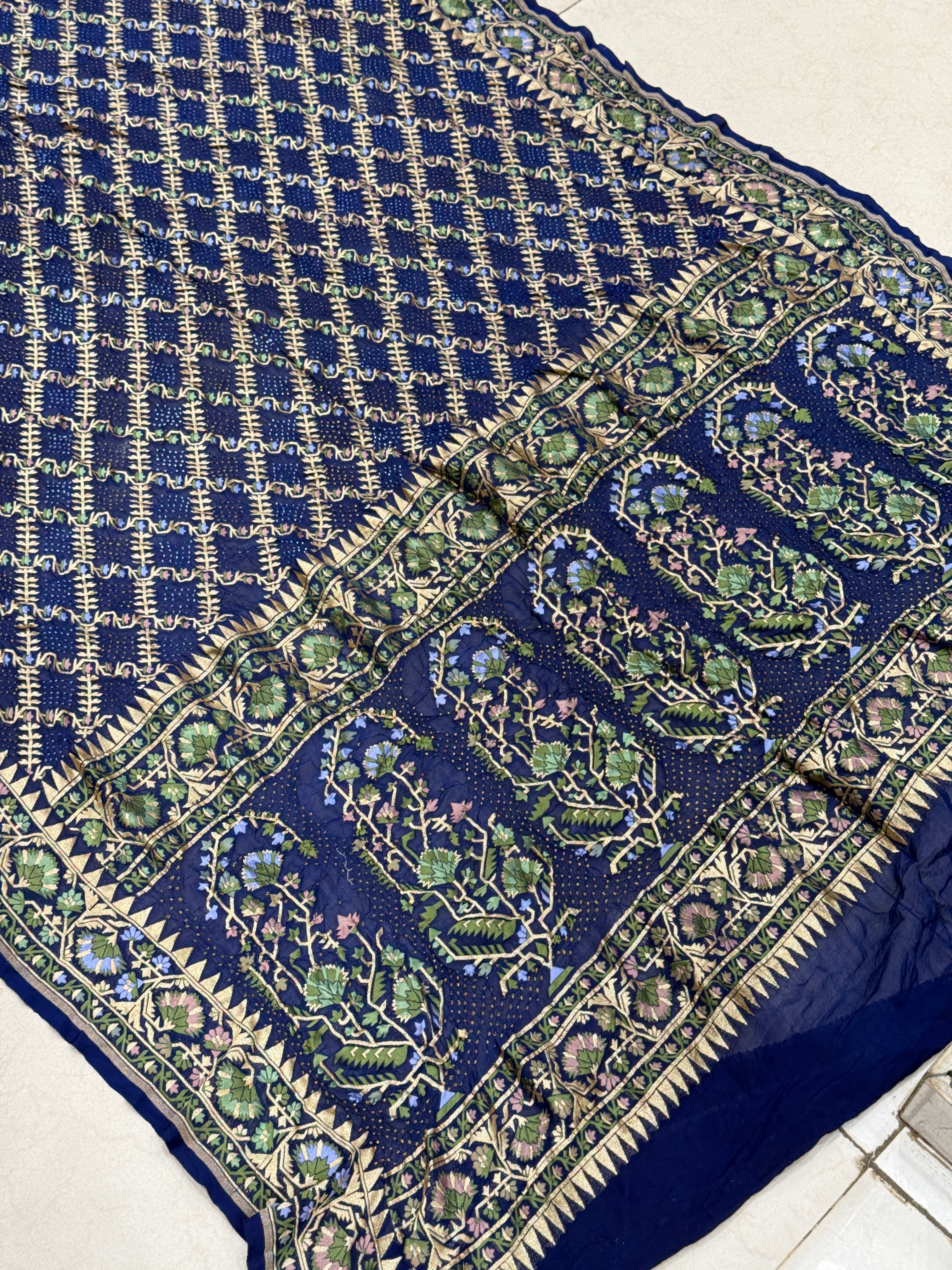 Blue Meenakari Rai Bandhej Floral Border Saree