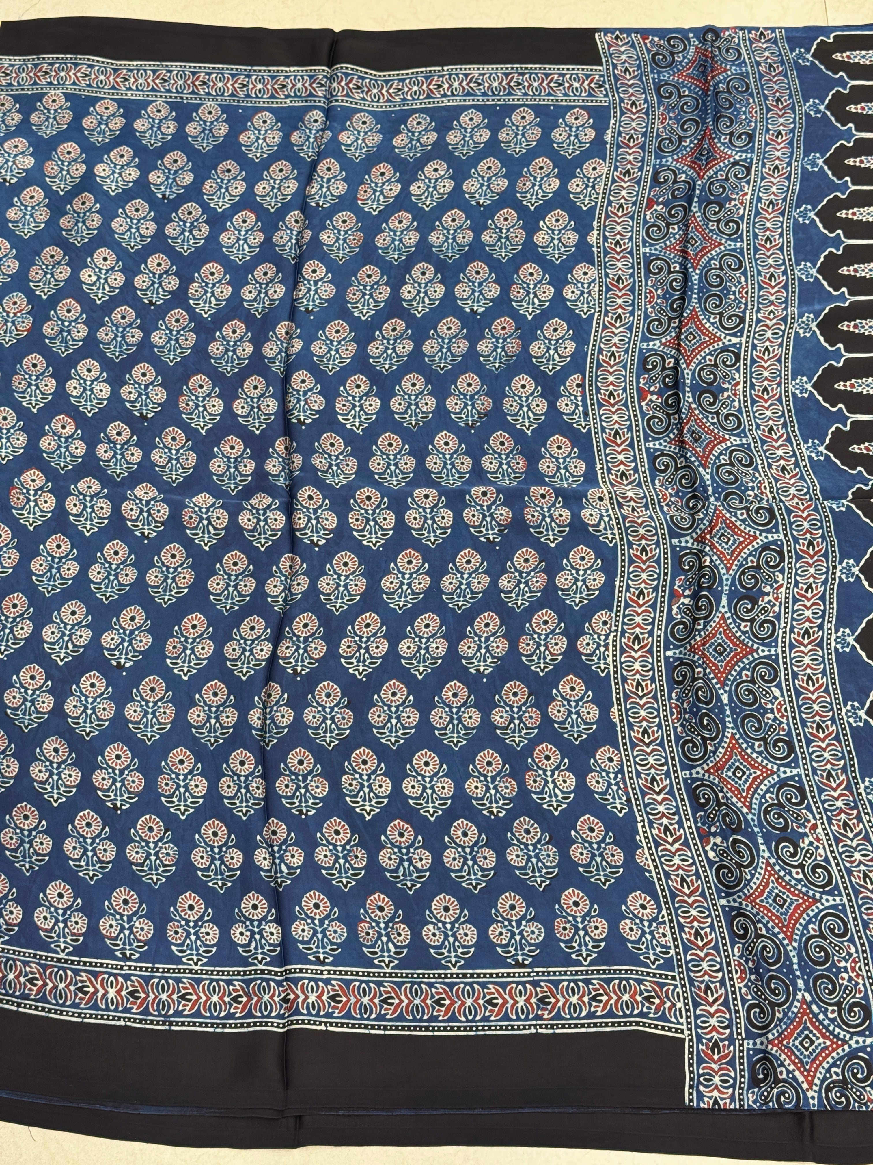 Blue Floral Buttas Hand Block Print Ajrkah Pure Gajji Silk Saree