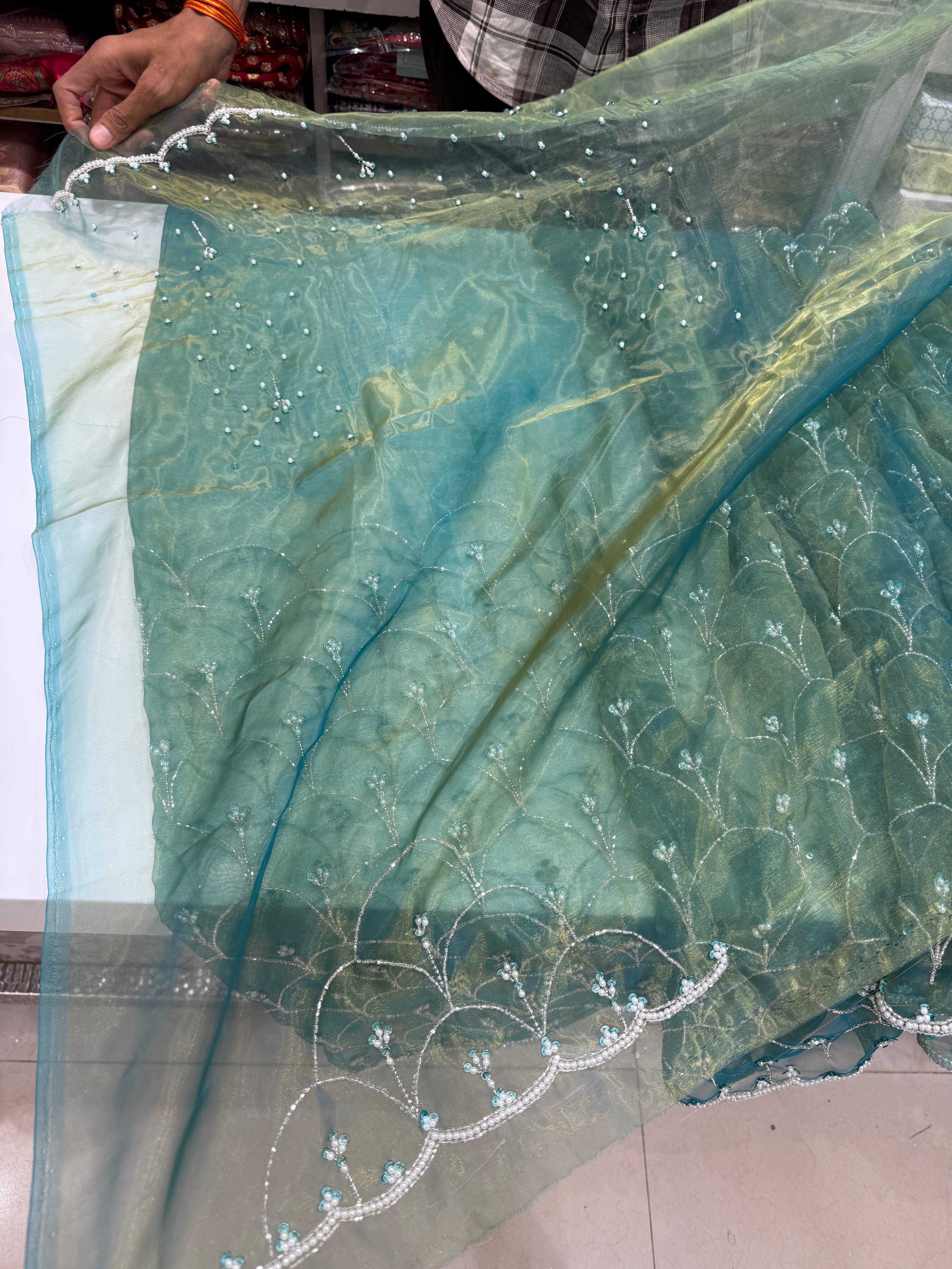 Green Glass Tissue Organza Hand Embroidery Saree