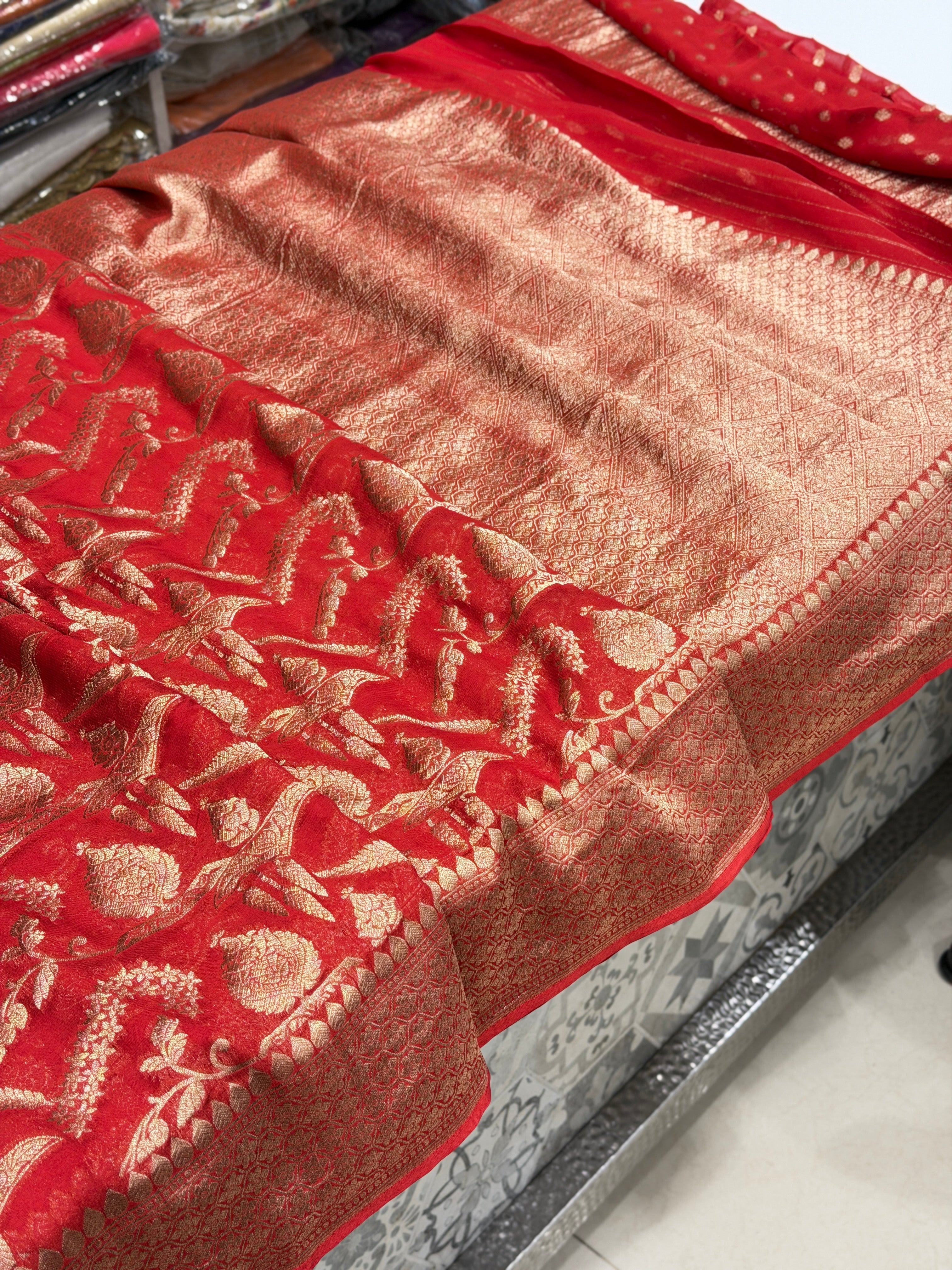 Red Crown Jaal Banarasi Khaddi Georgette Saree