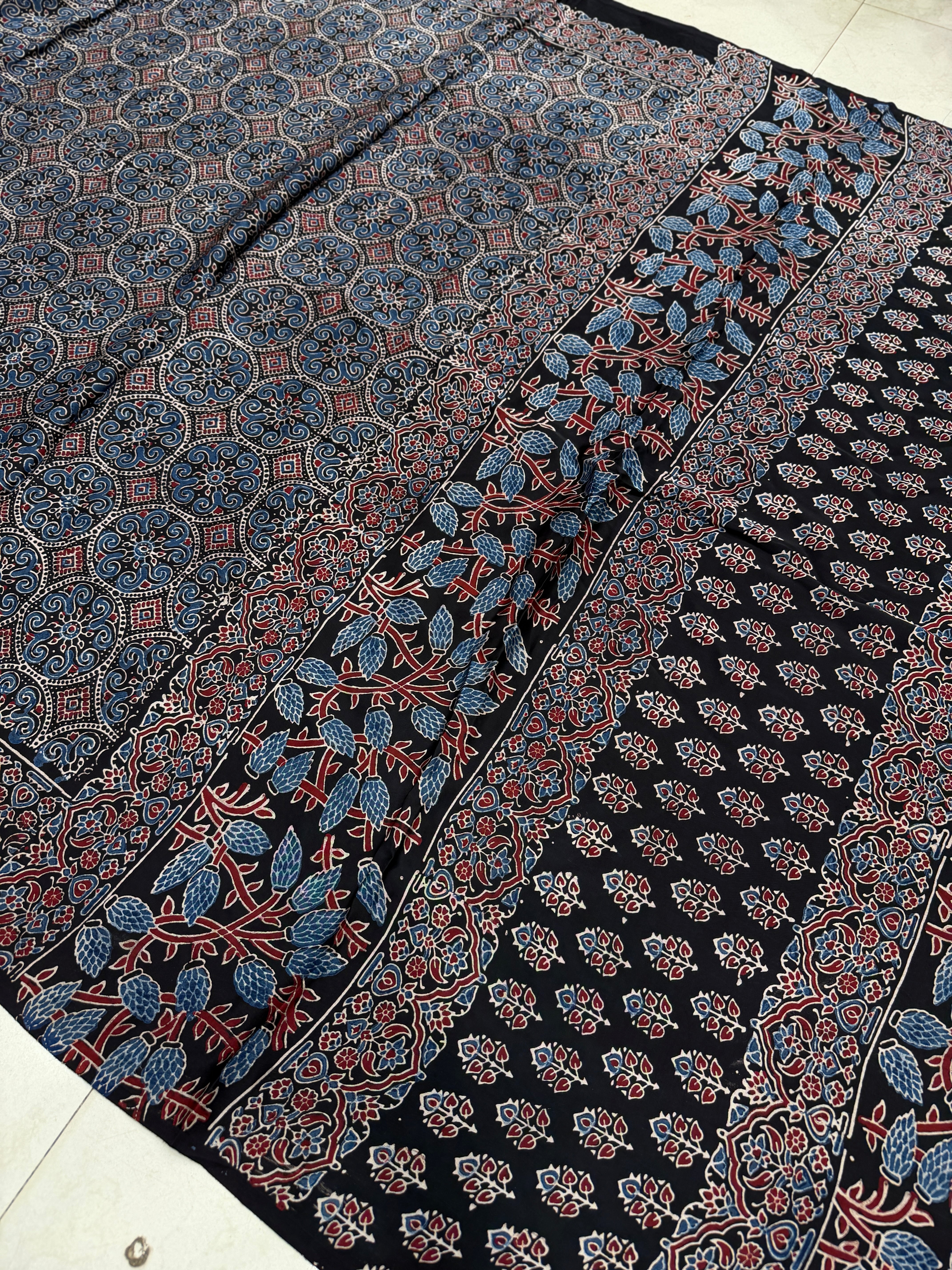 Black Gol Jaal Ajrakh Hand Block Print Pure Gajji Silk Saree