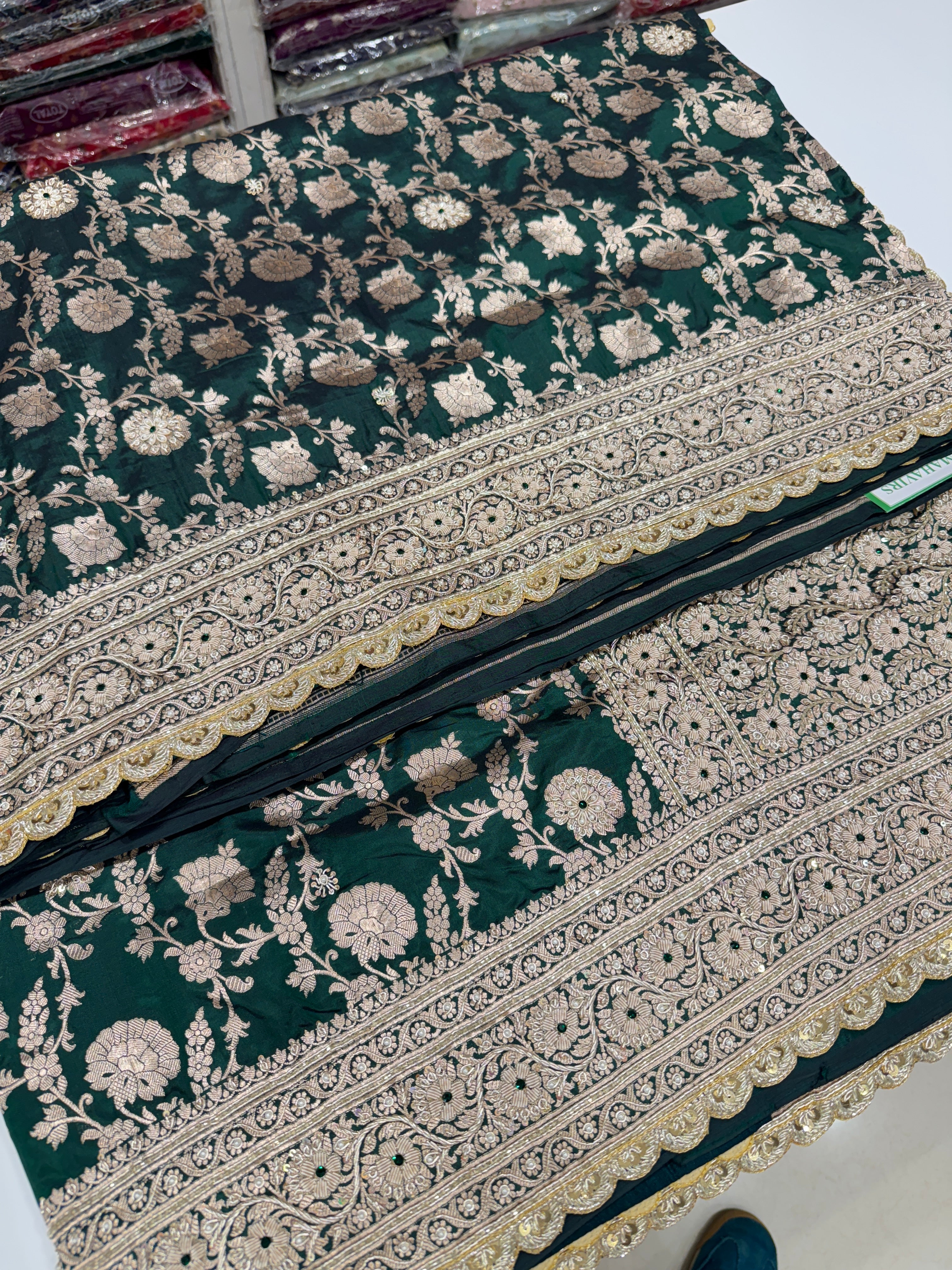 Bottle Green Handloom Banarasi Katan Jaal Zardosi Embroidery Saree