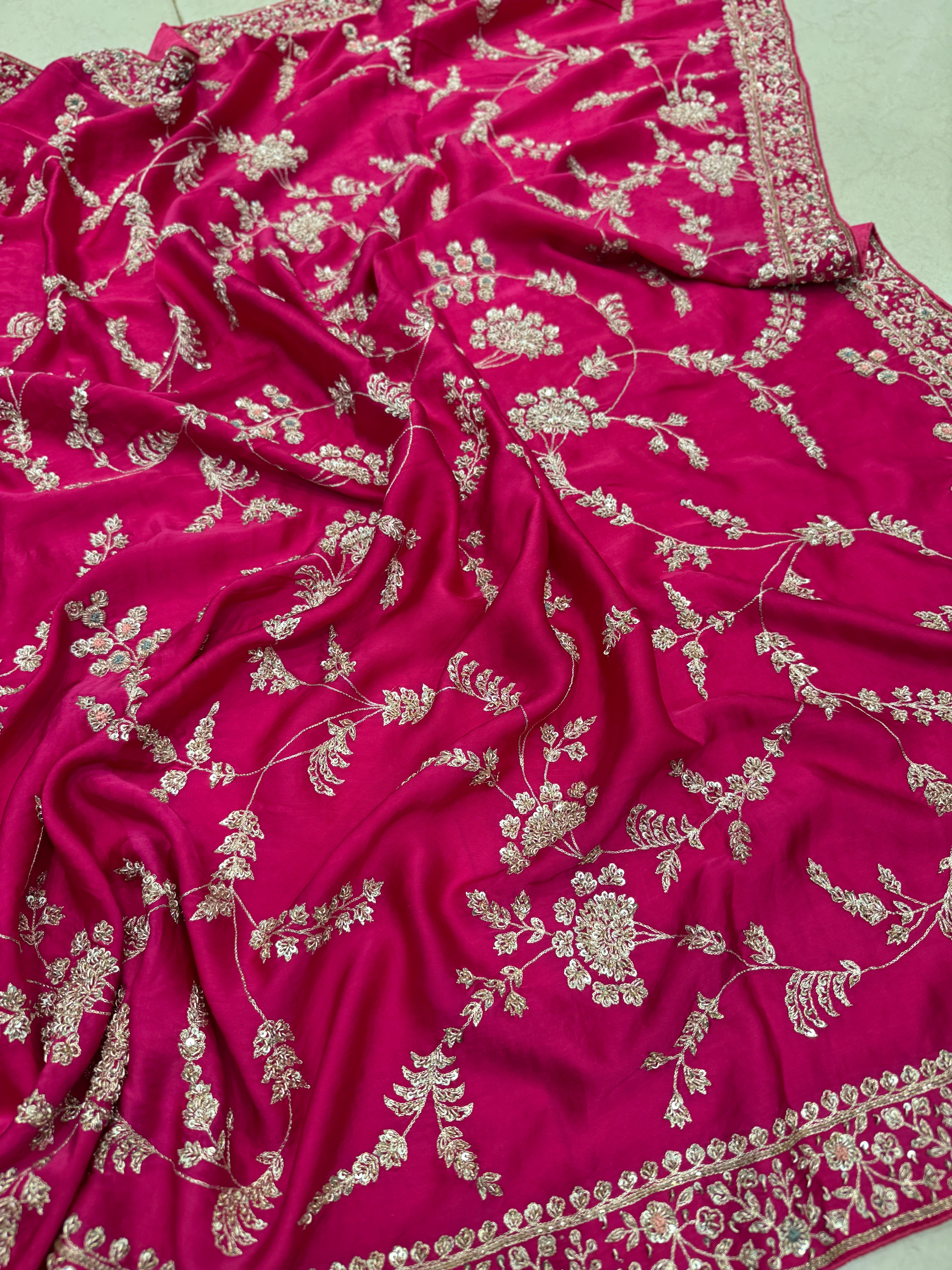 Rani Pink Satin Zardosi Saree