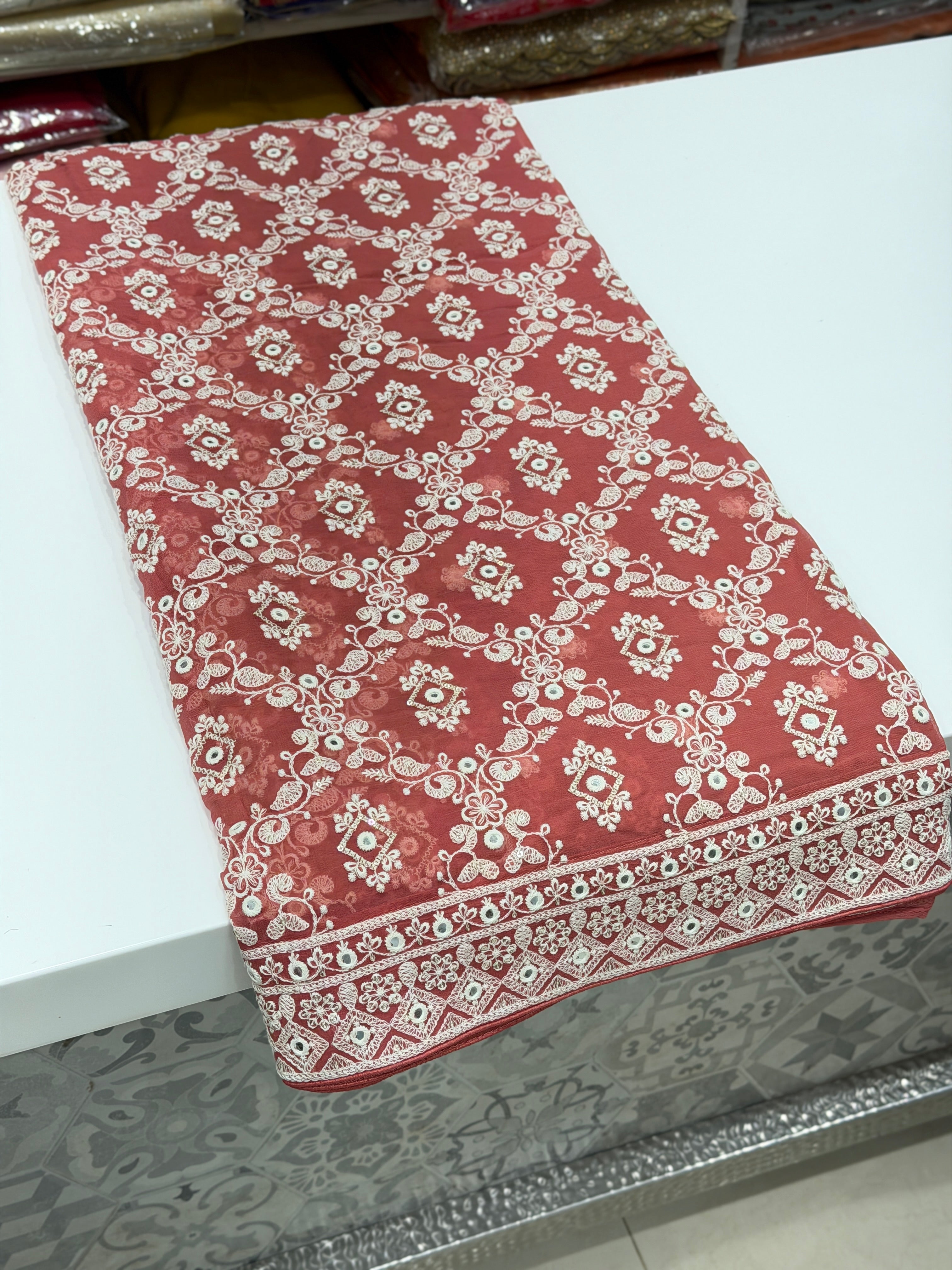 Rust Red Chikankari Jaal Georgette Resham Embroidery Saree
