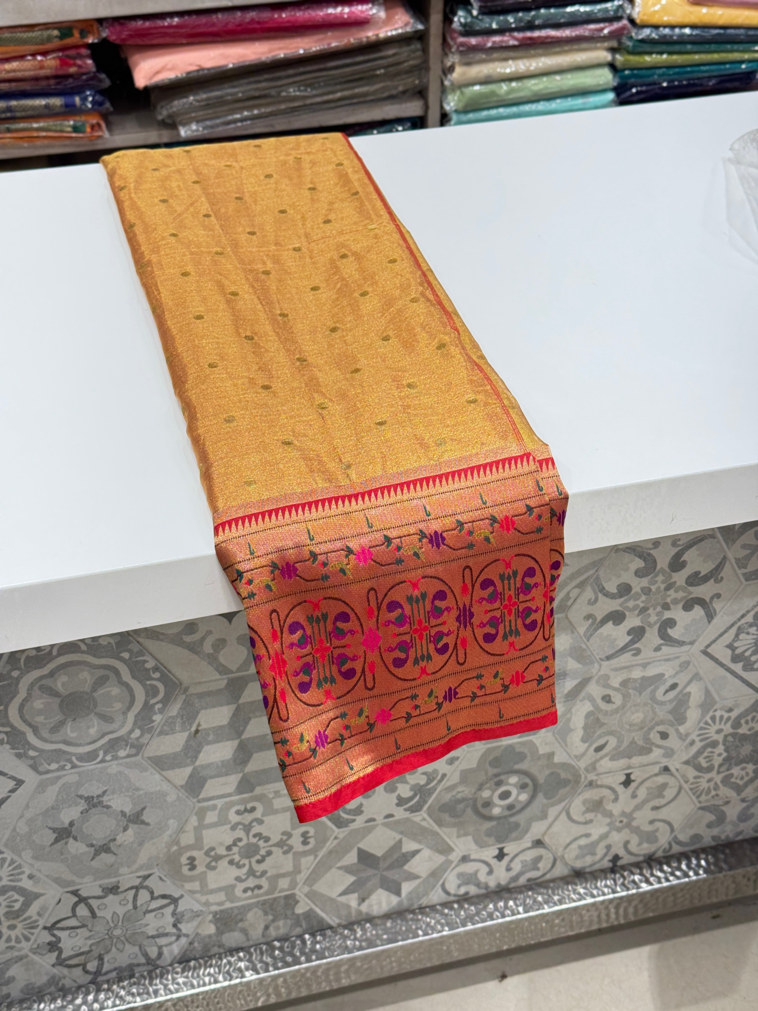 Gold Tissue Paithani Floral Border Saree