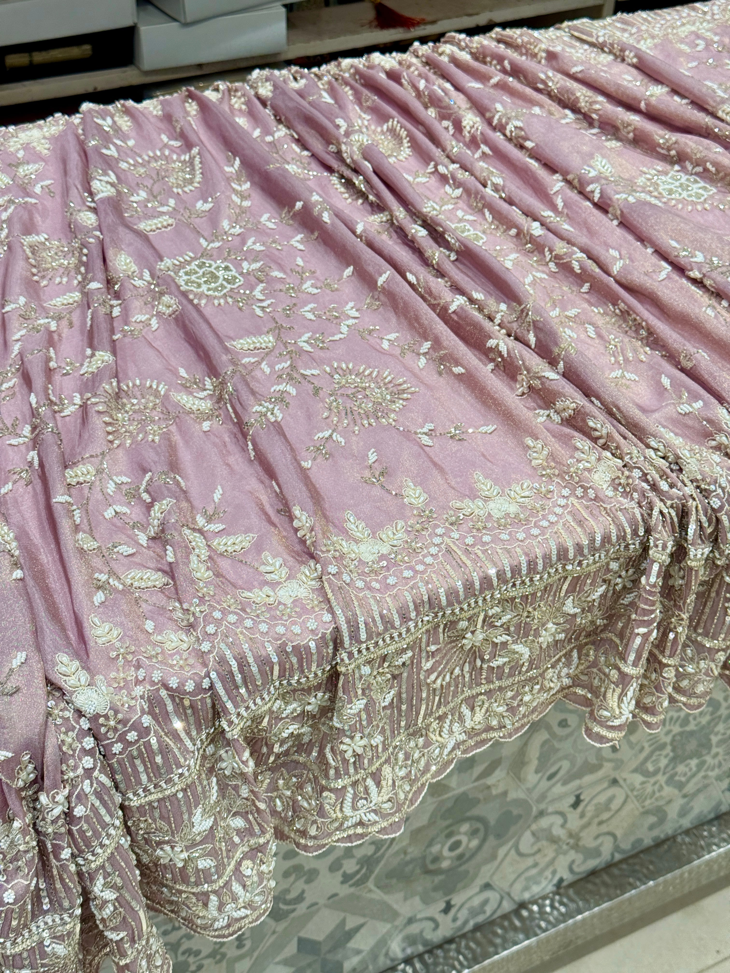 Lilac Crepe Tissue Resham Moti Sequin Hand Embroidery Saree