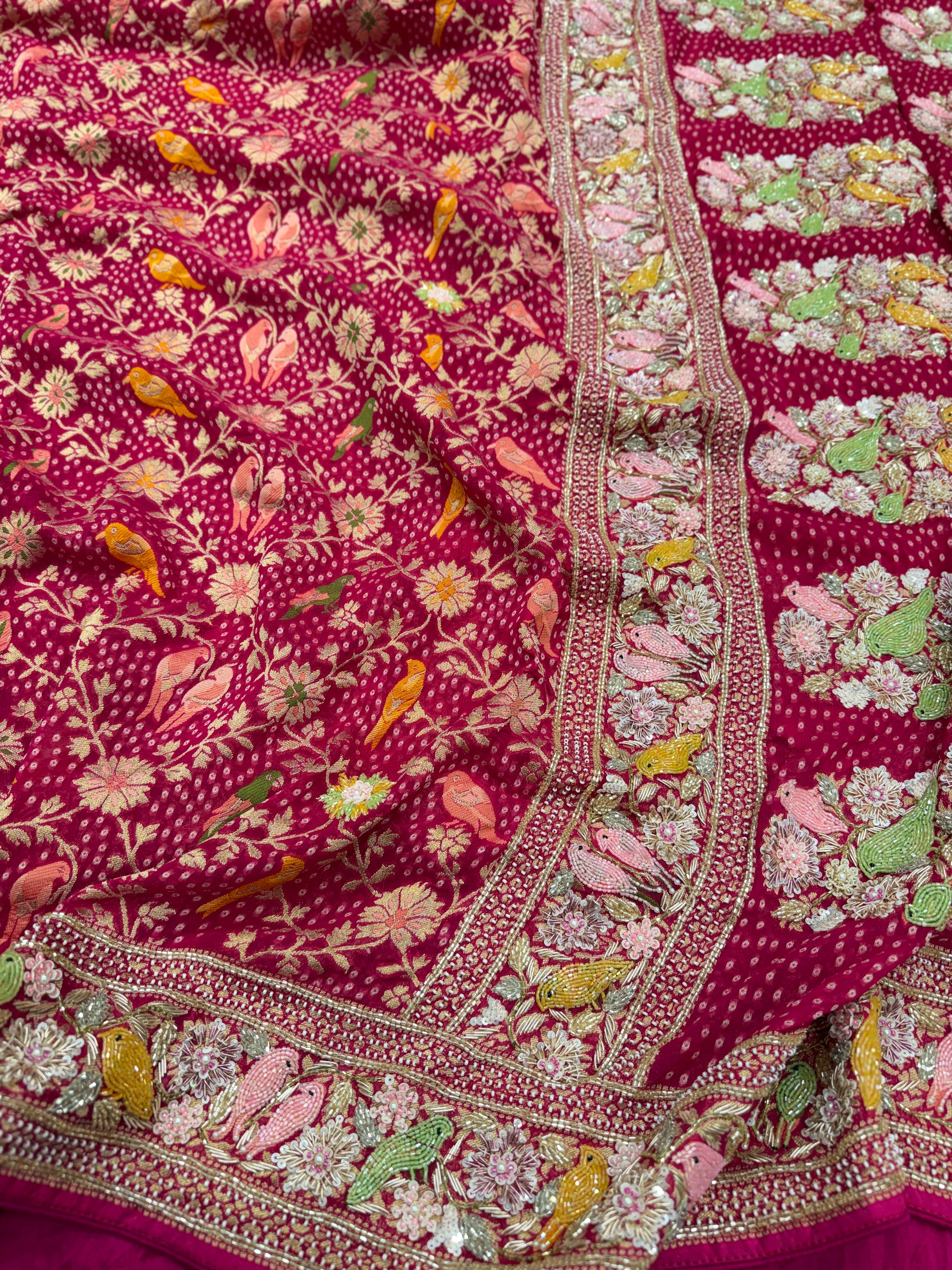 Rani Pink Weaved Bandhej Parrot Motifs Georgette Moti Zardodi Hand Embroidery Saree