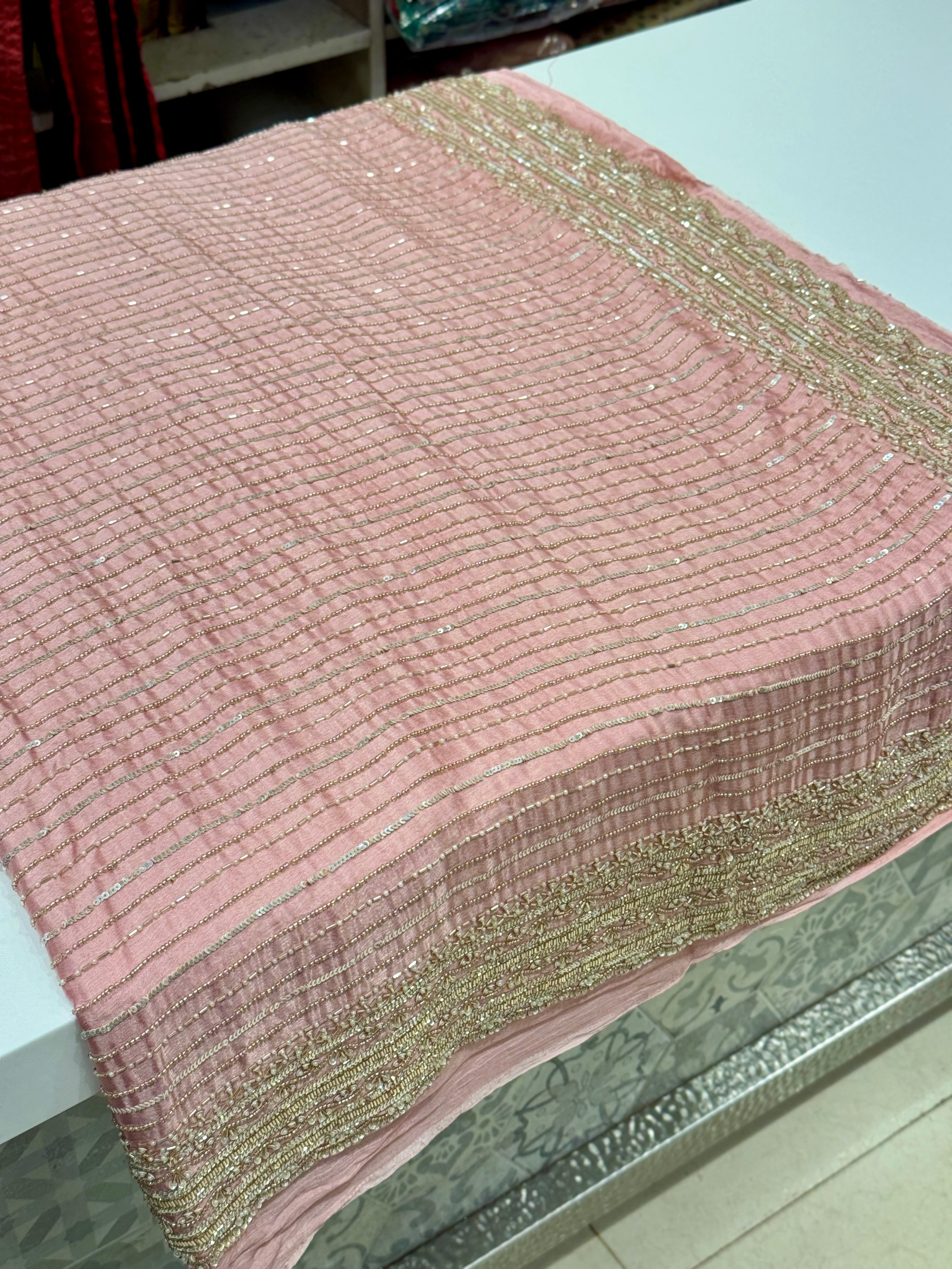 Light Pink Satin Moti Hand Embroidery Saree