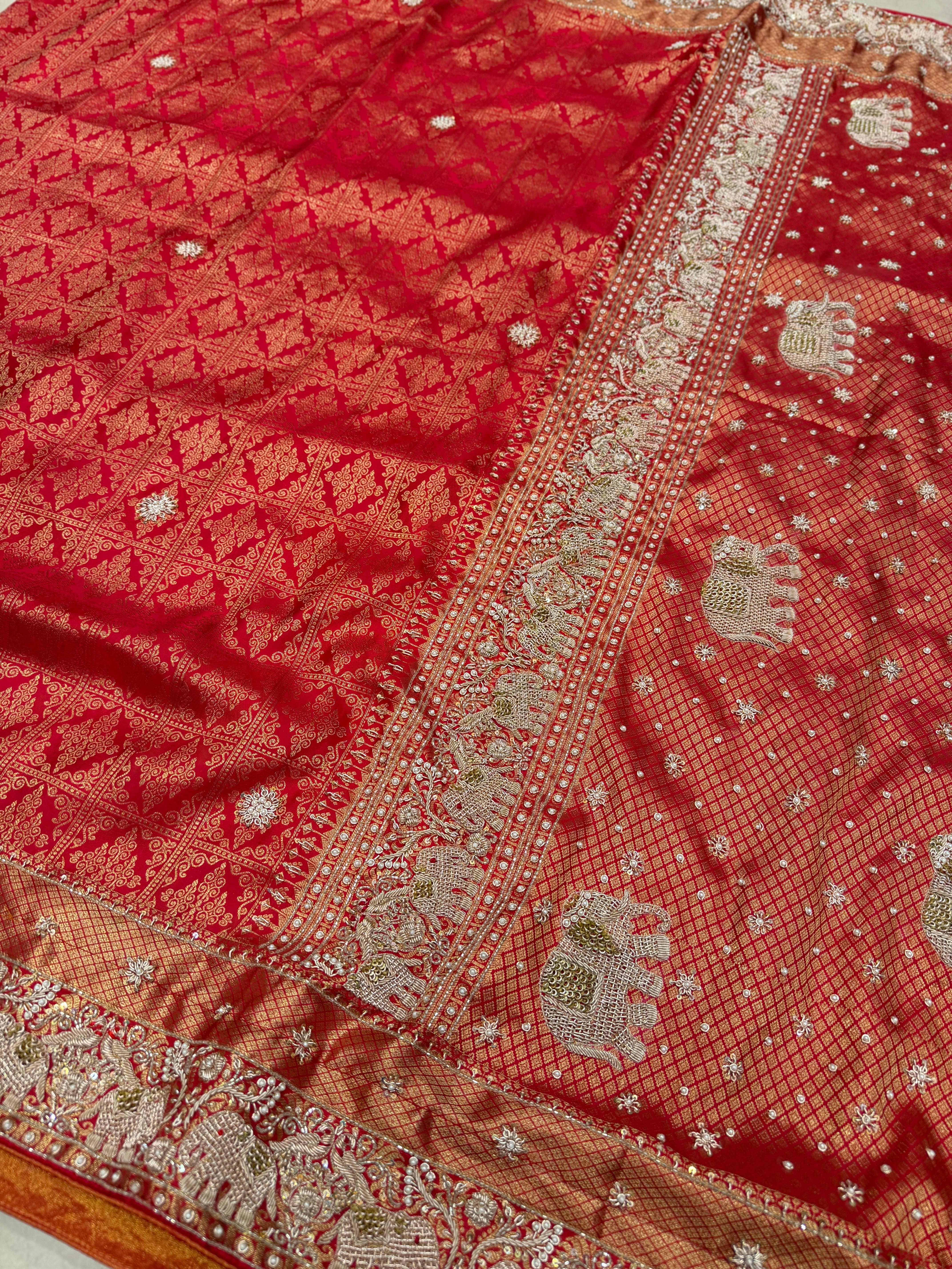 Red Pure Silk Kanjivaram Elephant Motif Hand Embroidery Saree