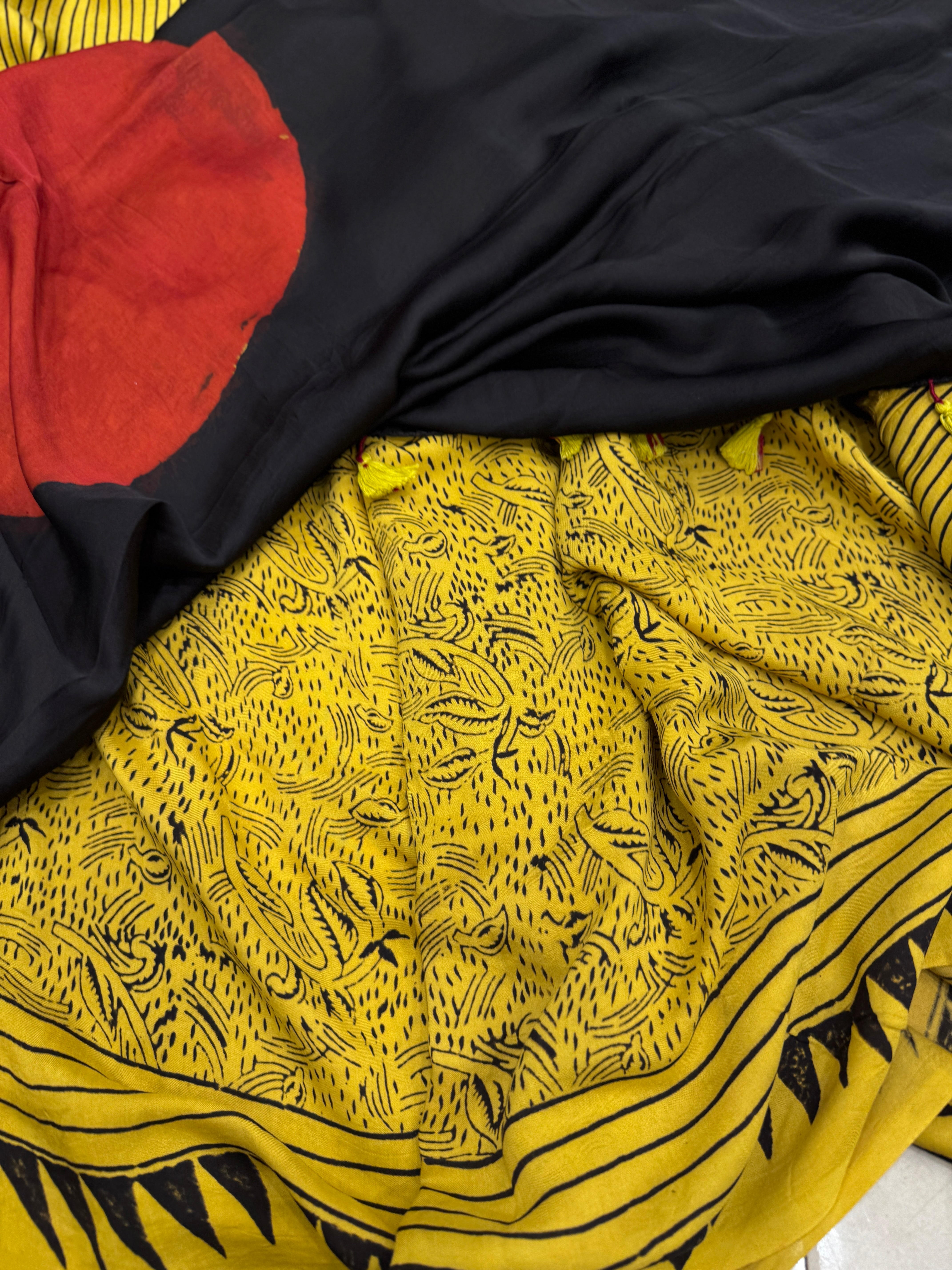 Yellow Contemporary Moon Pallu Ajrakh Saree Modal Gajji Silk Hand Block Print