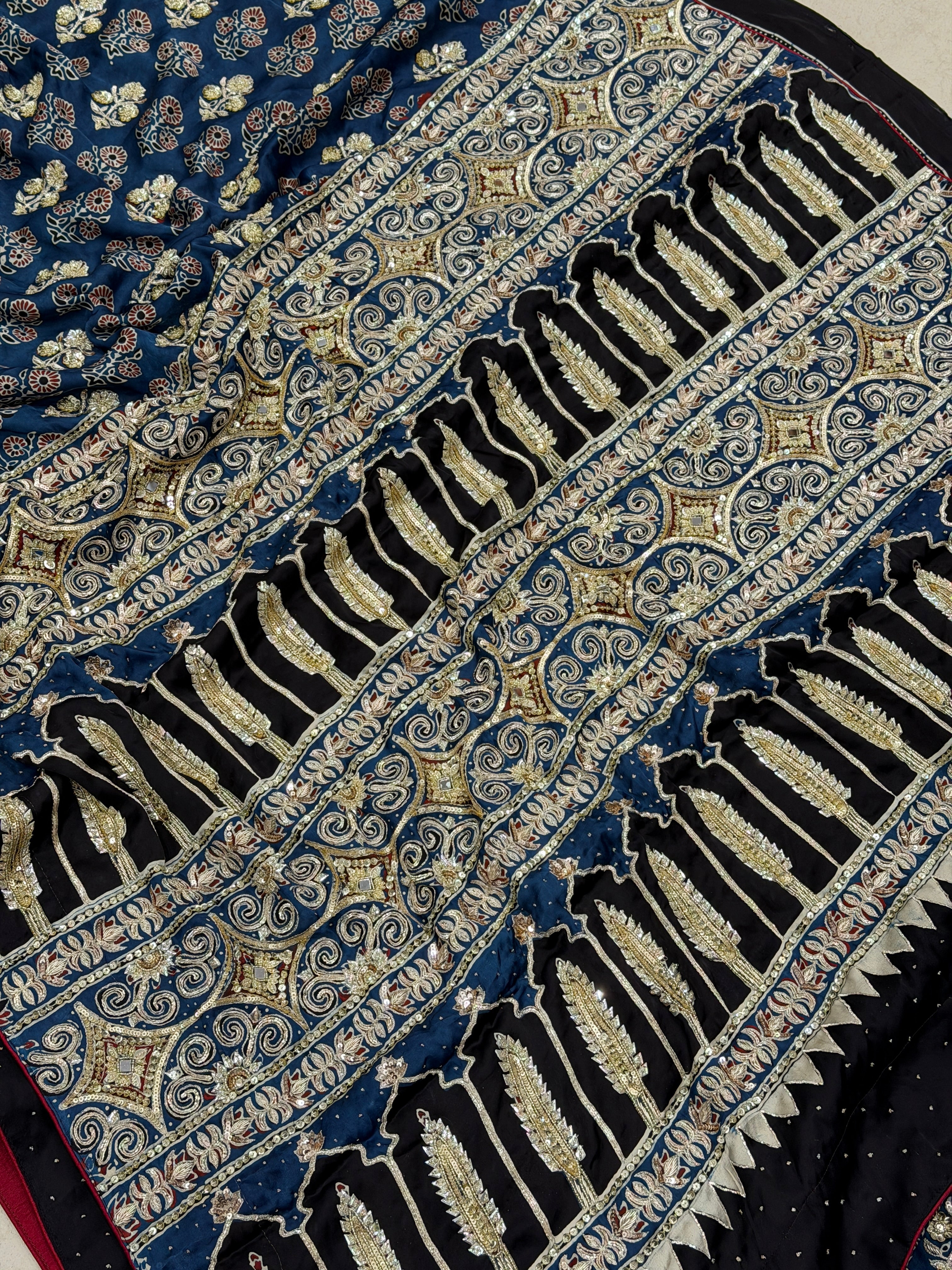 Blue Buttas Pita Zardosi Sequin Ajrakh Hand Embroidery Saree