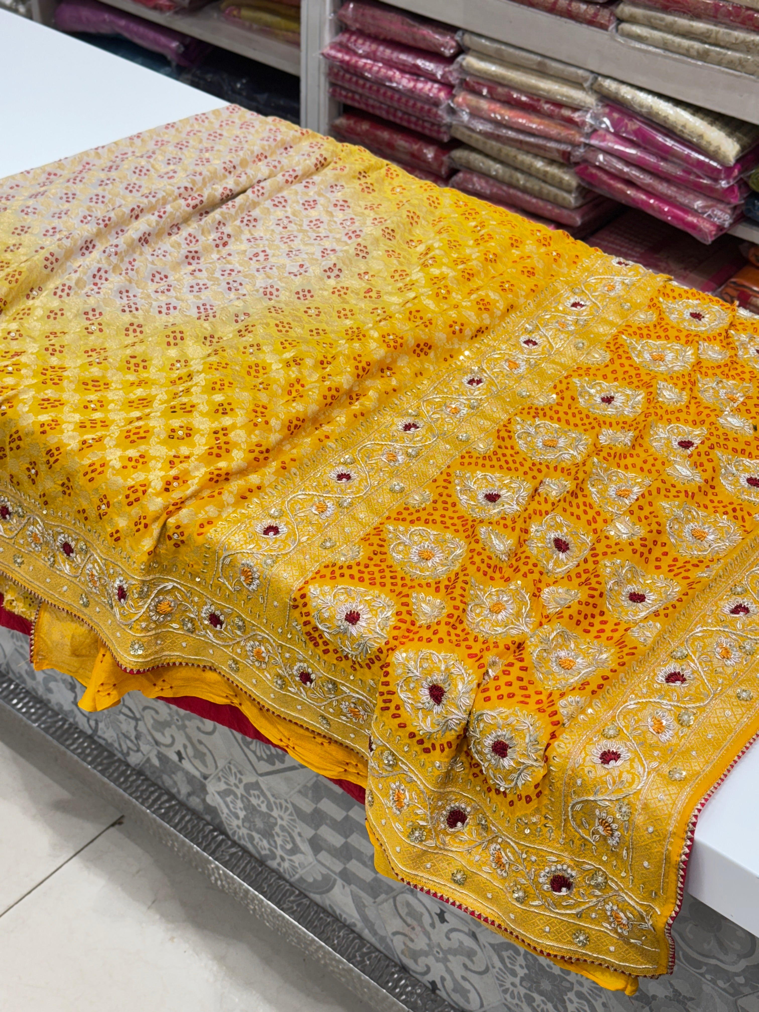 Yellow Bandhej Embroidery Saree