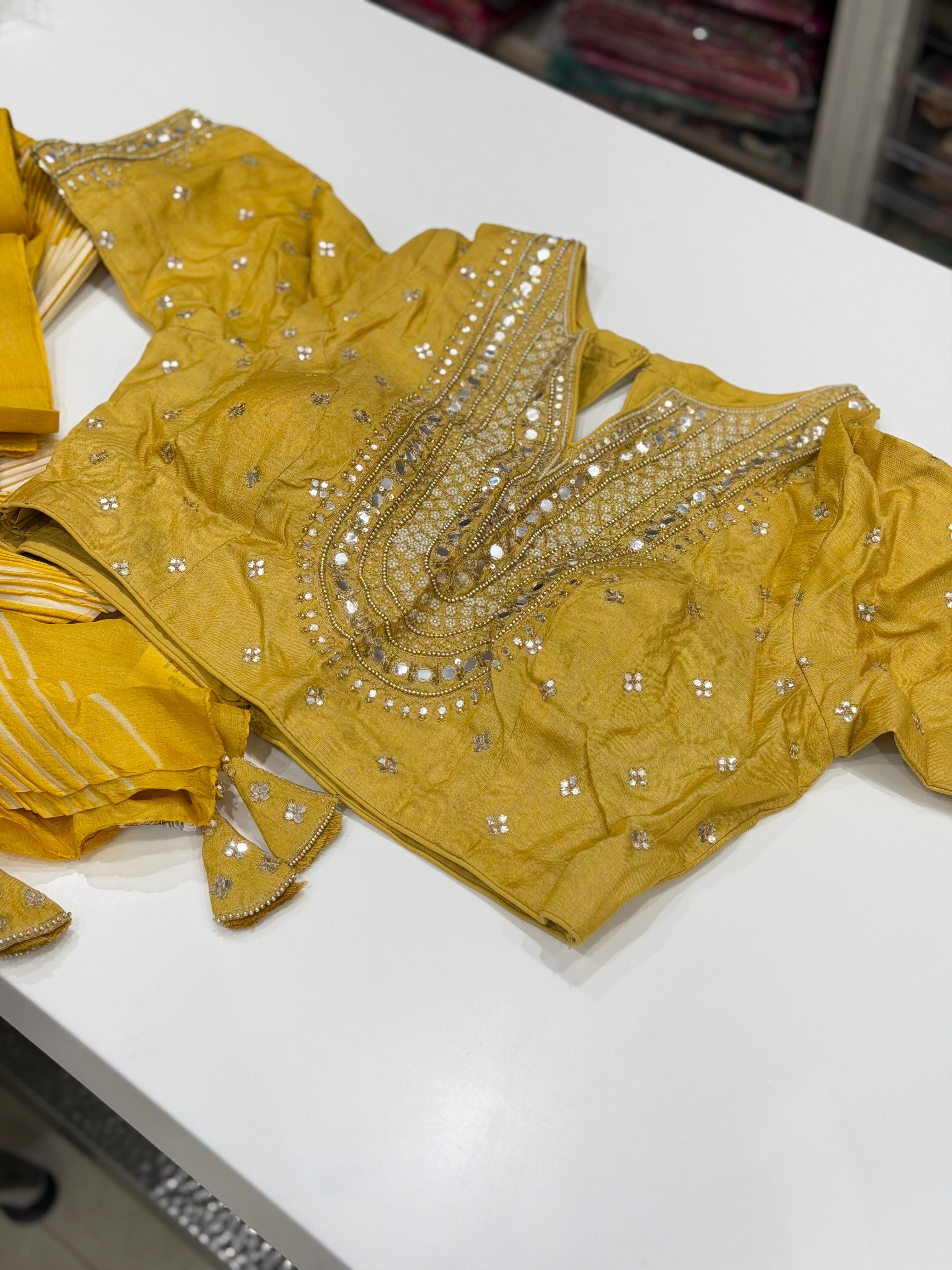 Yellow Crushed Tussor Arashi Shibori Dye with Moti Embroidery Ready Blouse Saree