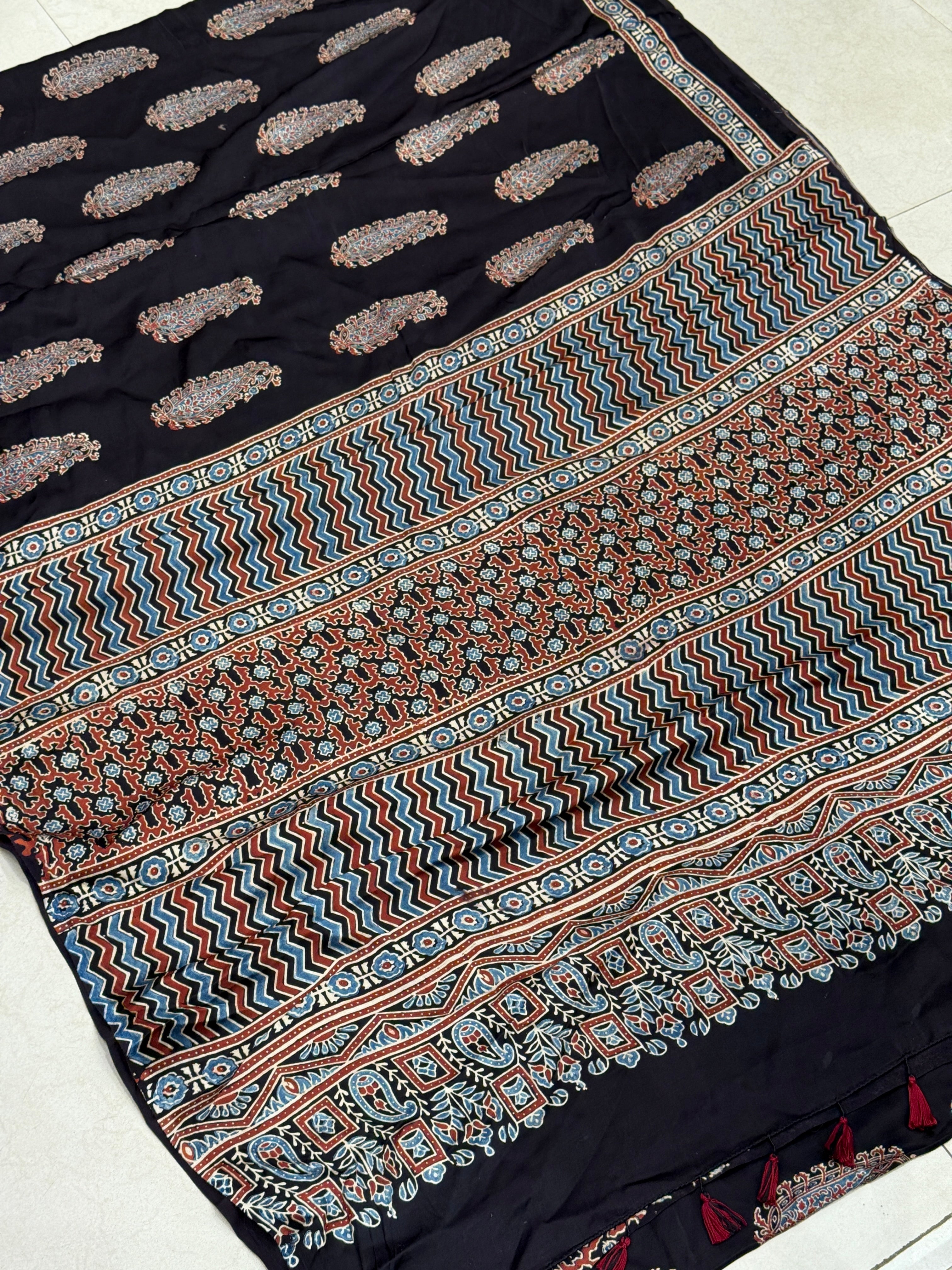 Black Big Keari Butta Ajrakh Block Print Hand Pure Gajji Silk Saree
