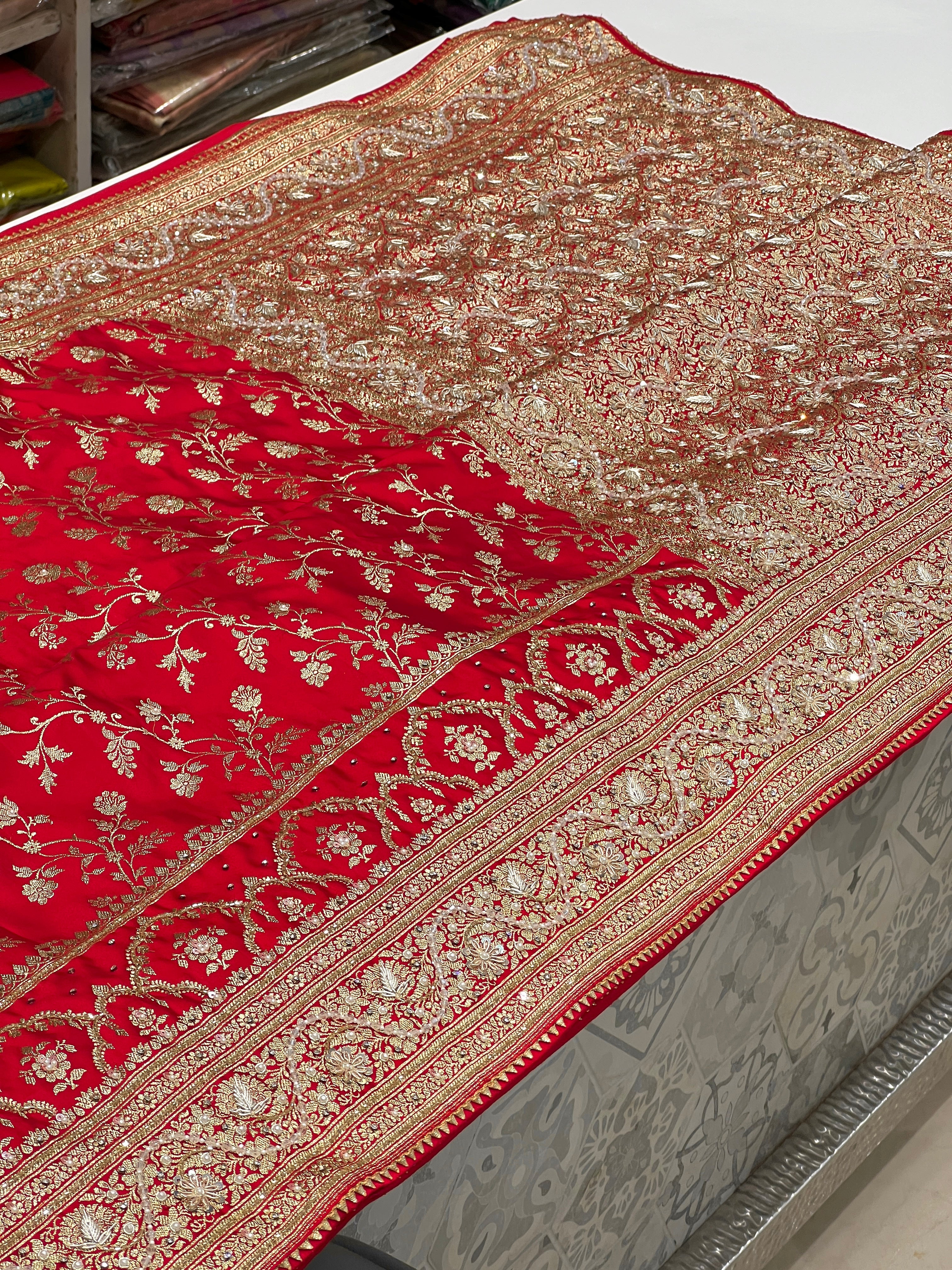 Red Banarasi Chain Hand Embroidery Saree 3.0