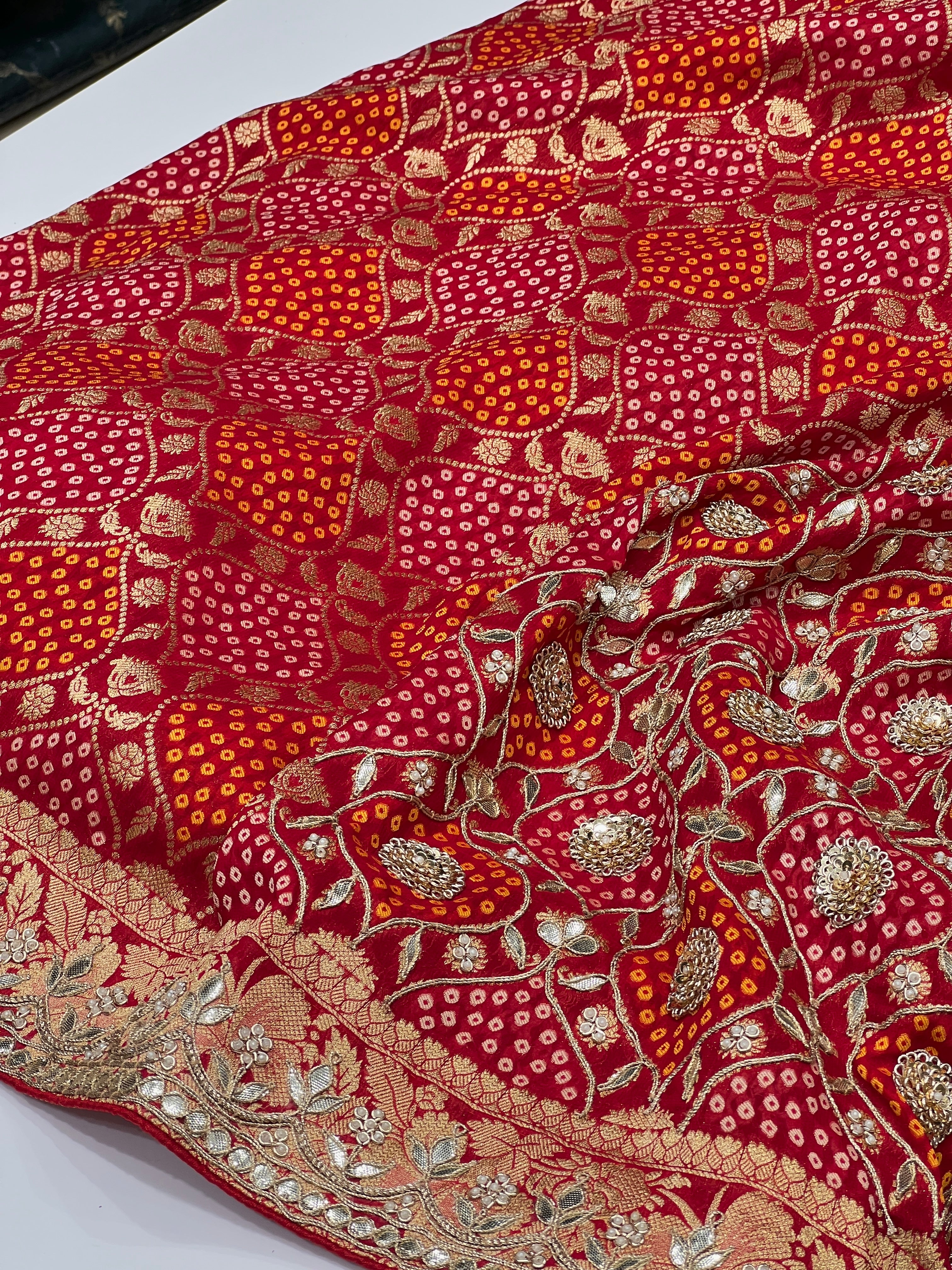 Red Woven Bandhej Half n Half Gotapatti Saree