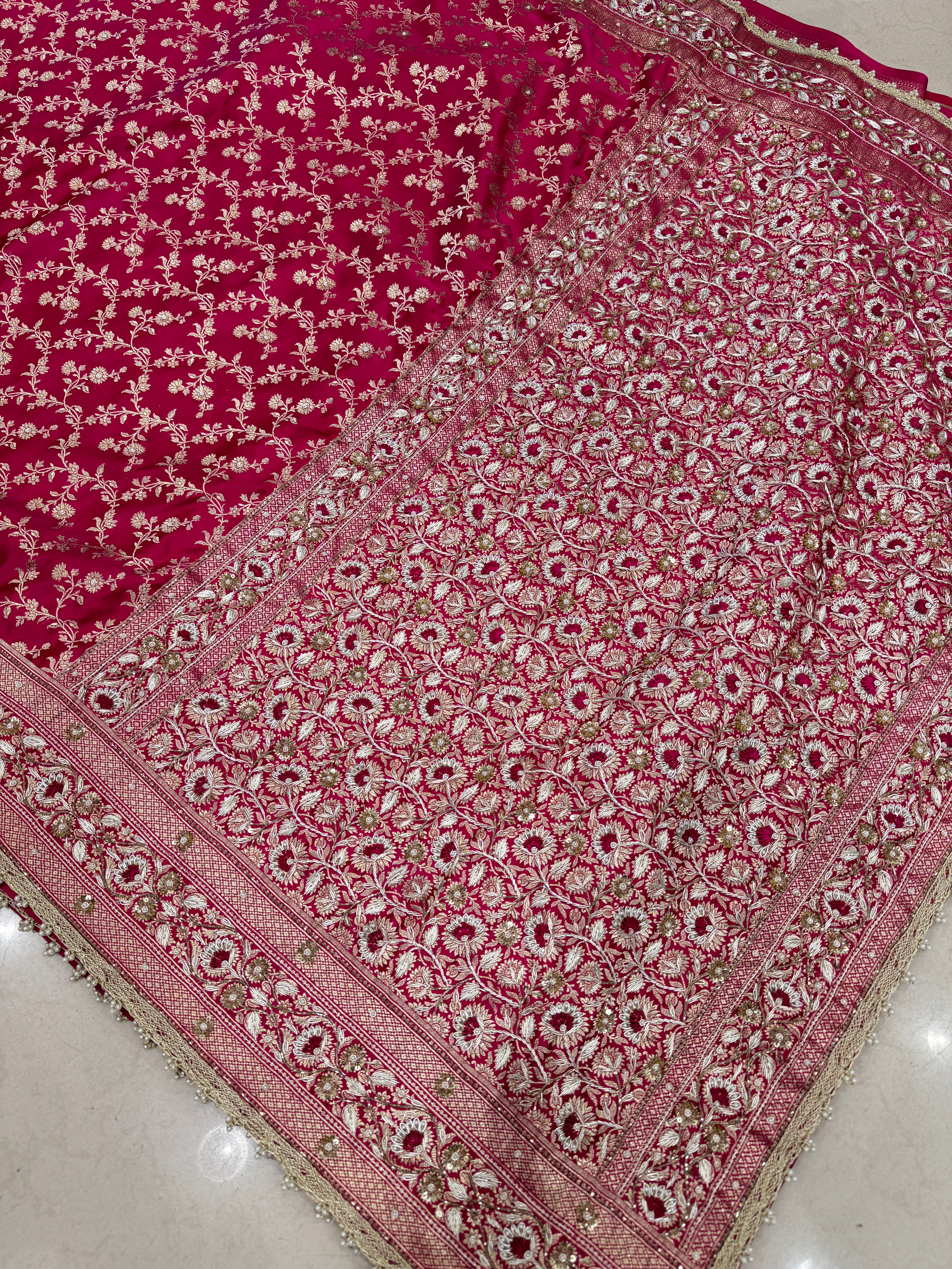 Rani Banarasi Flower Border Resham Zardosi Embroidery Saree