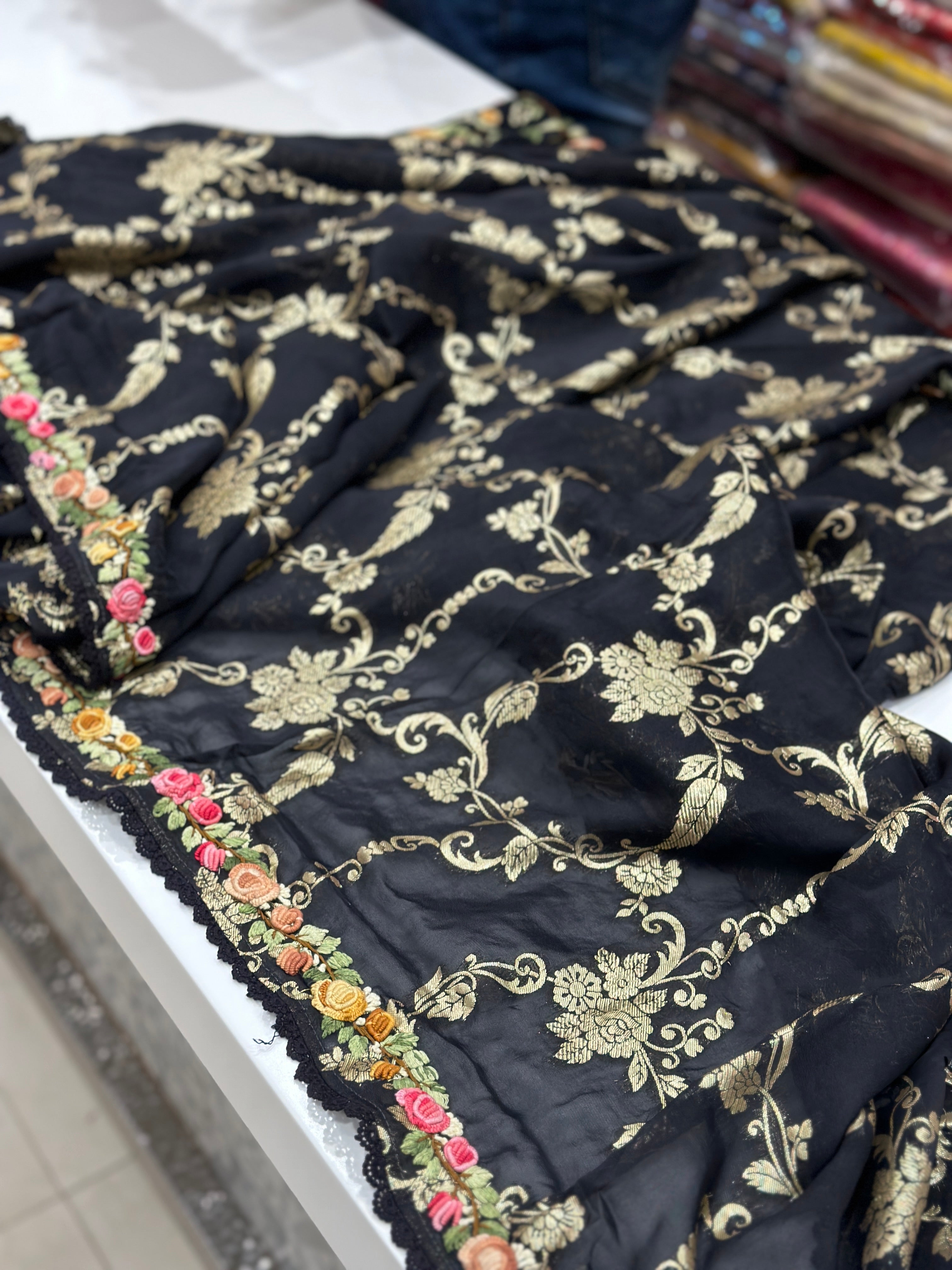 Black Banarasi Satin Organza Knot Embroidery Saree