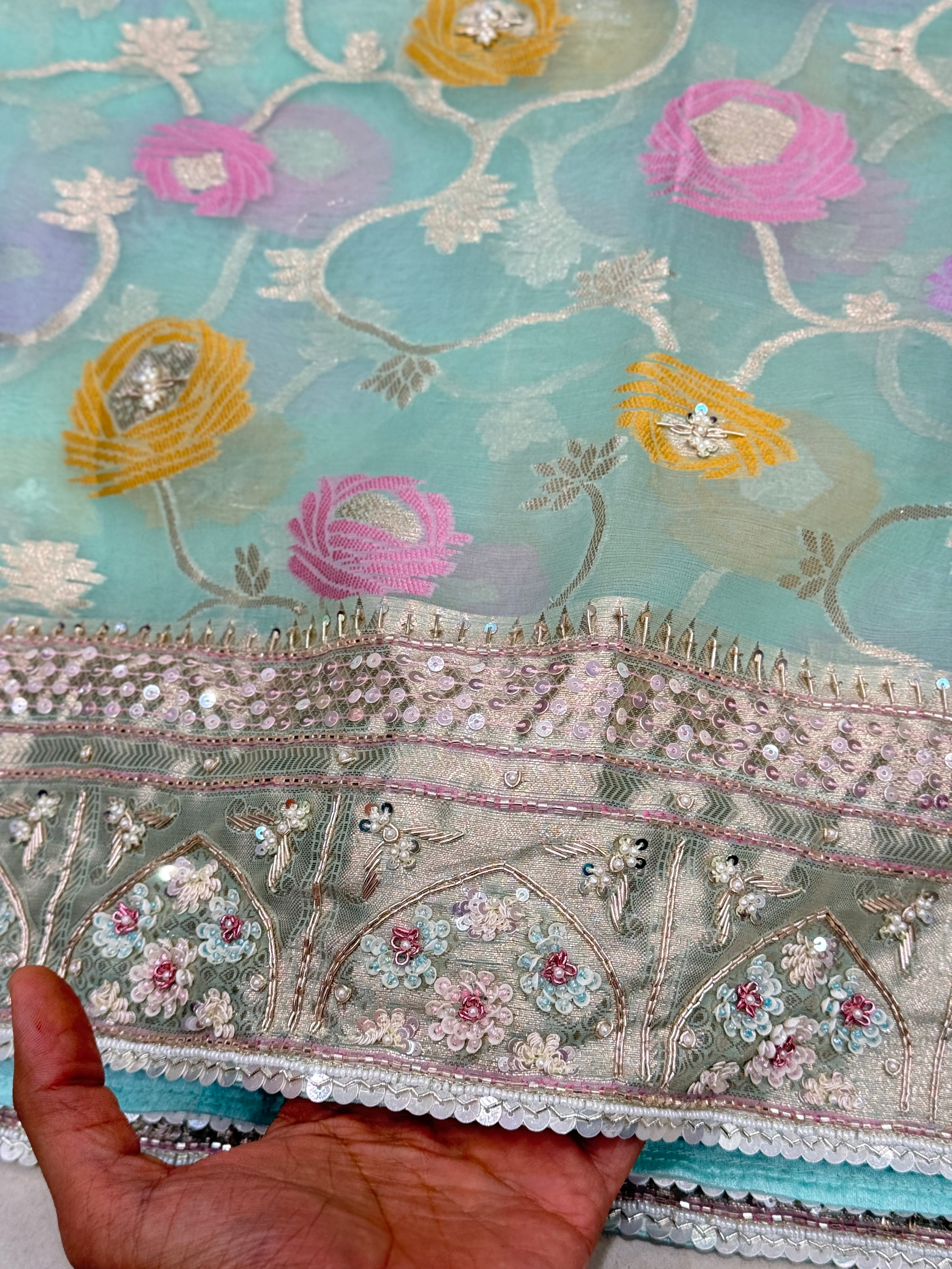 Light Blue Meenakari Banarasi Kora Sequin Zardosi Hand Embroidery Saree