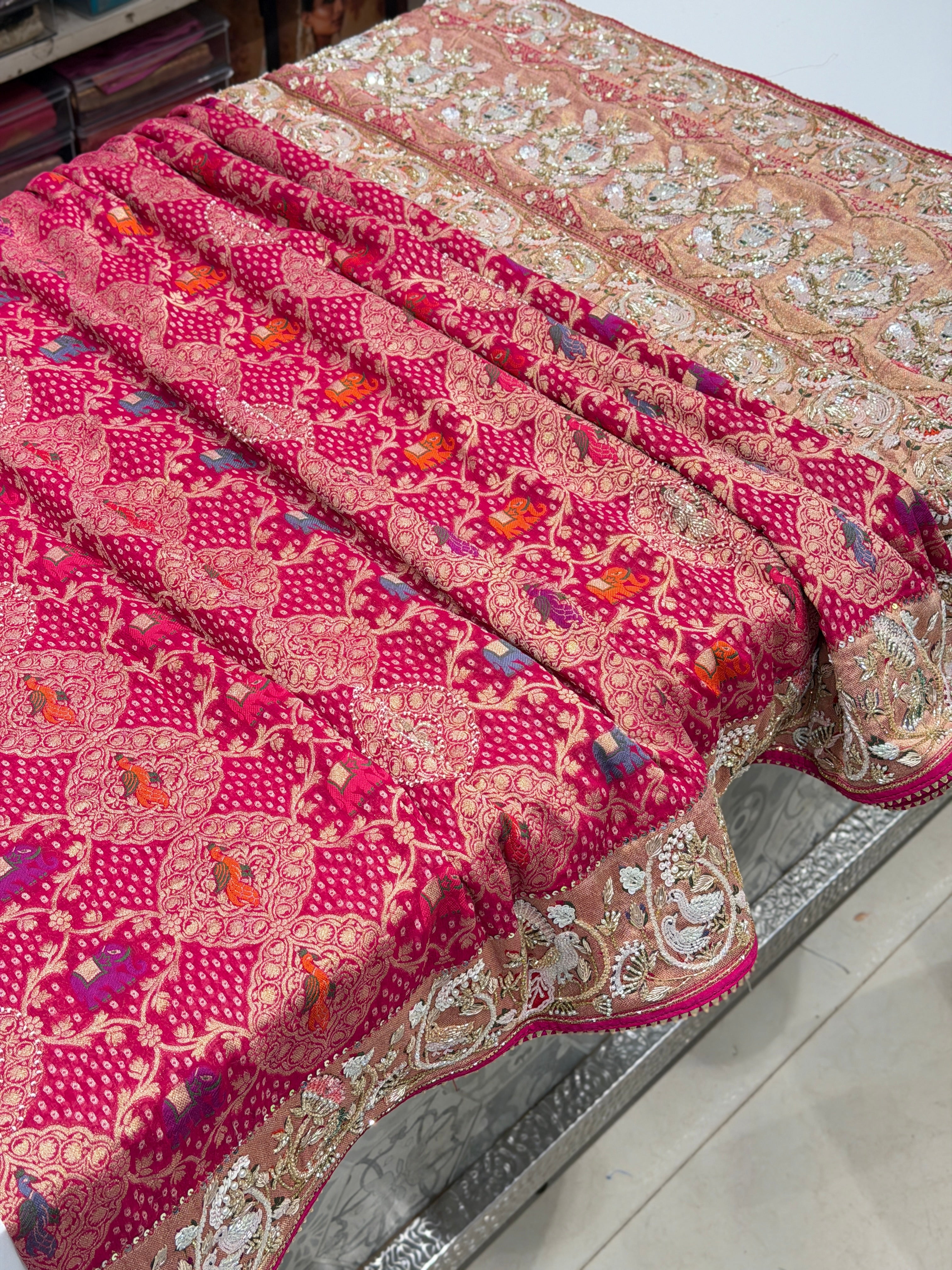 Rani Pink Woven Bandhej Moti Sequin Zardosi Hand Embroidery Saree