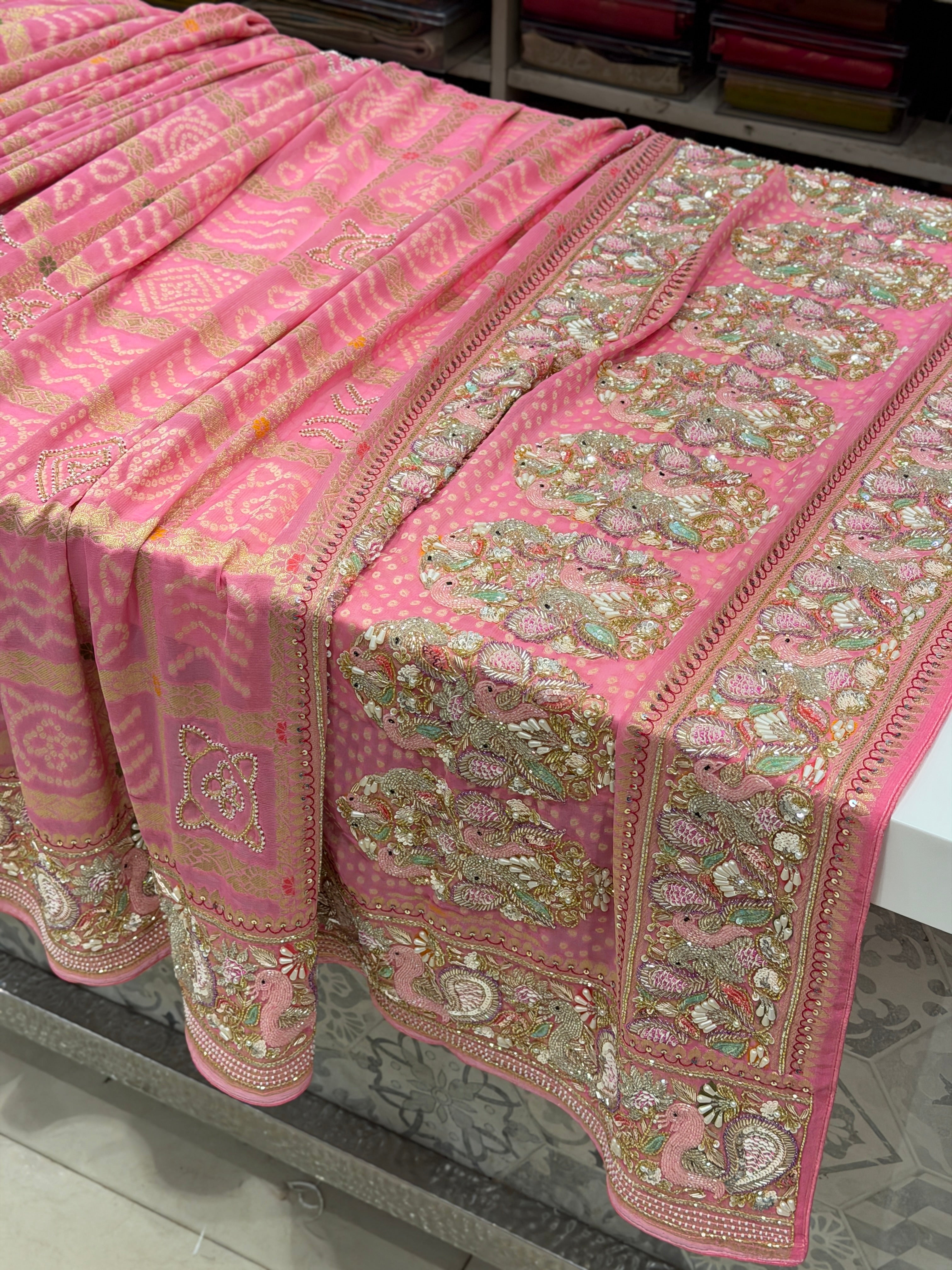 Pink Gharchola Moti Sequin Zardosi Hand Embroidery Georgette Saree