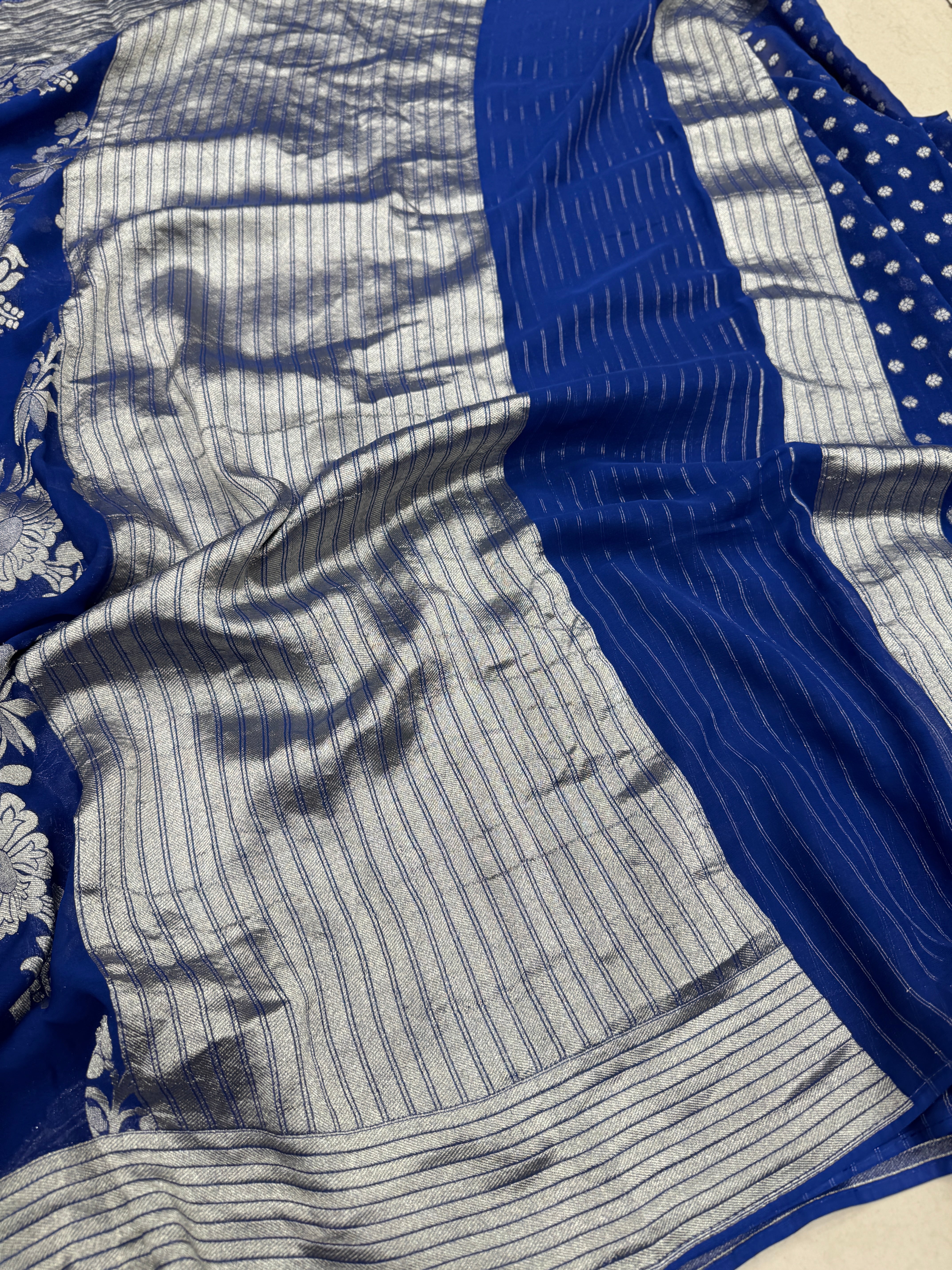 Royal Blue Banarasi Khaddi Georgette Silver Zari Jaal Saree