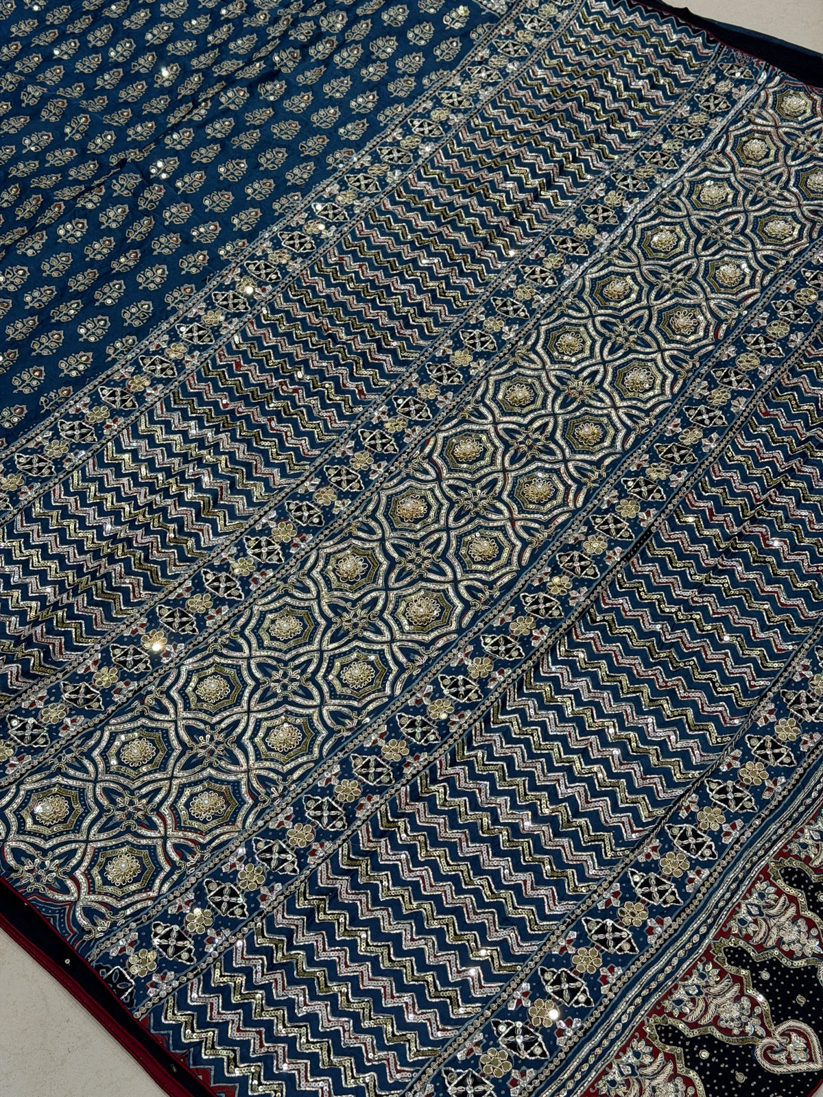 Blue Keri Butti Pita Sequin Ajrakh Hand Embroidery Saree
