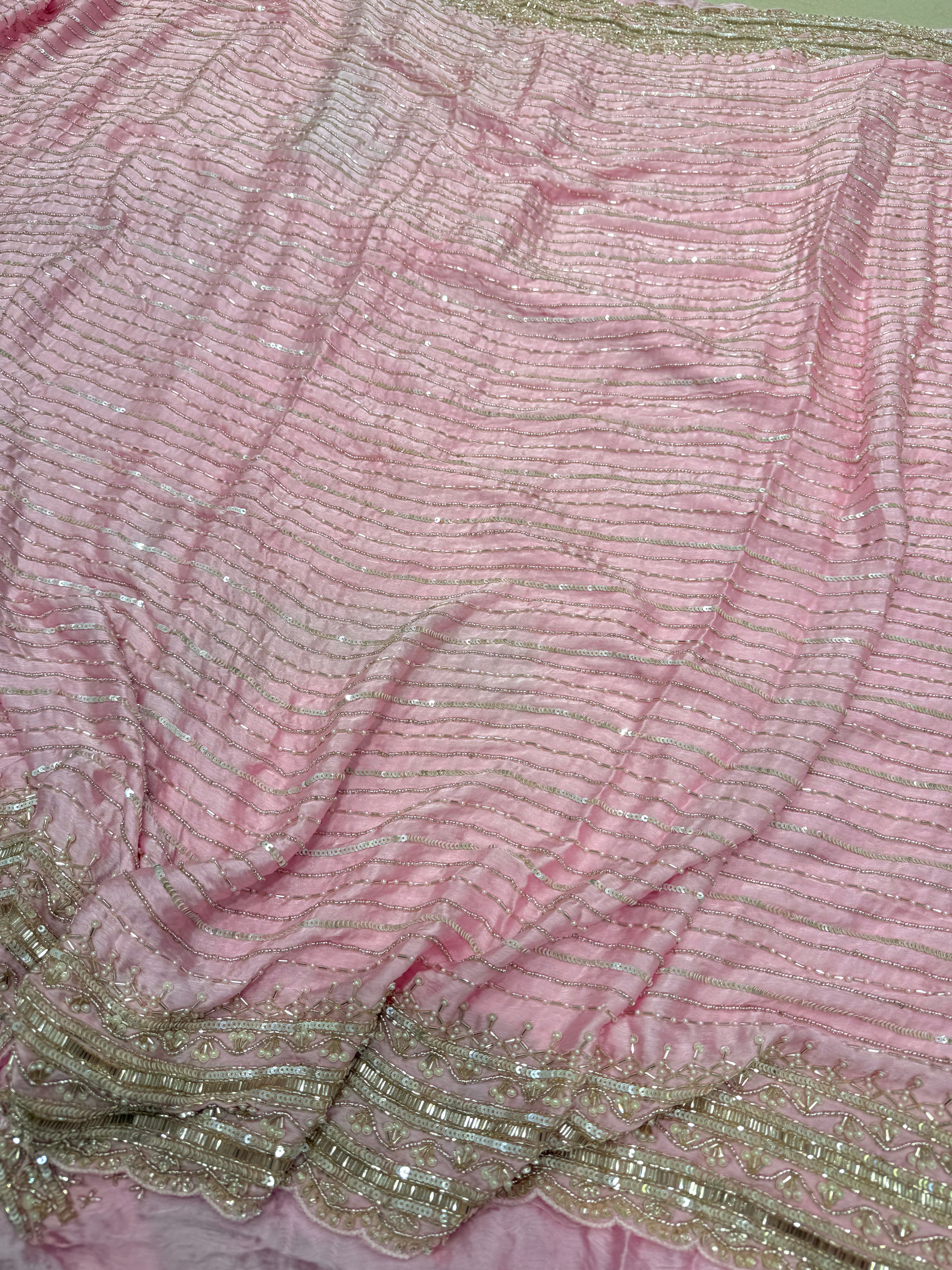 Pink Satin Crepe Moti MM inspired Hand Embroidery Saree