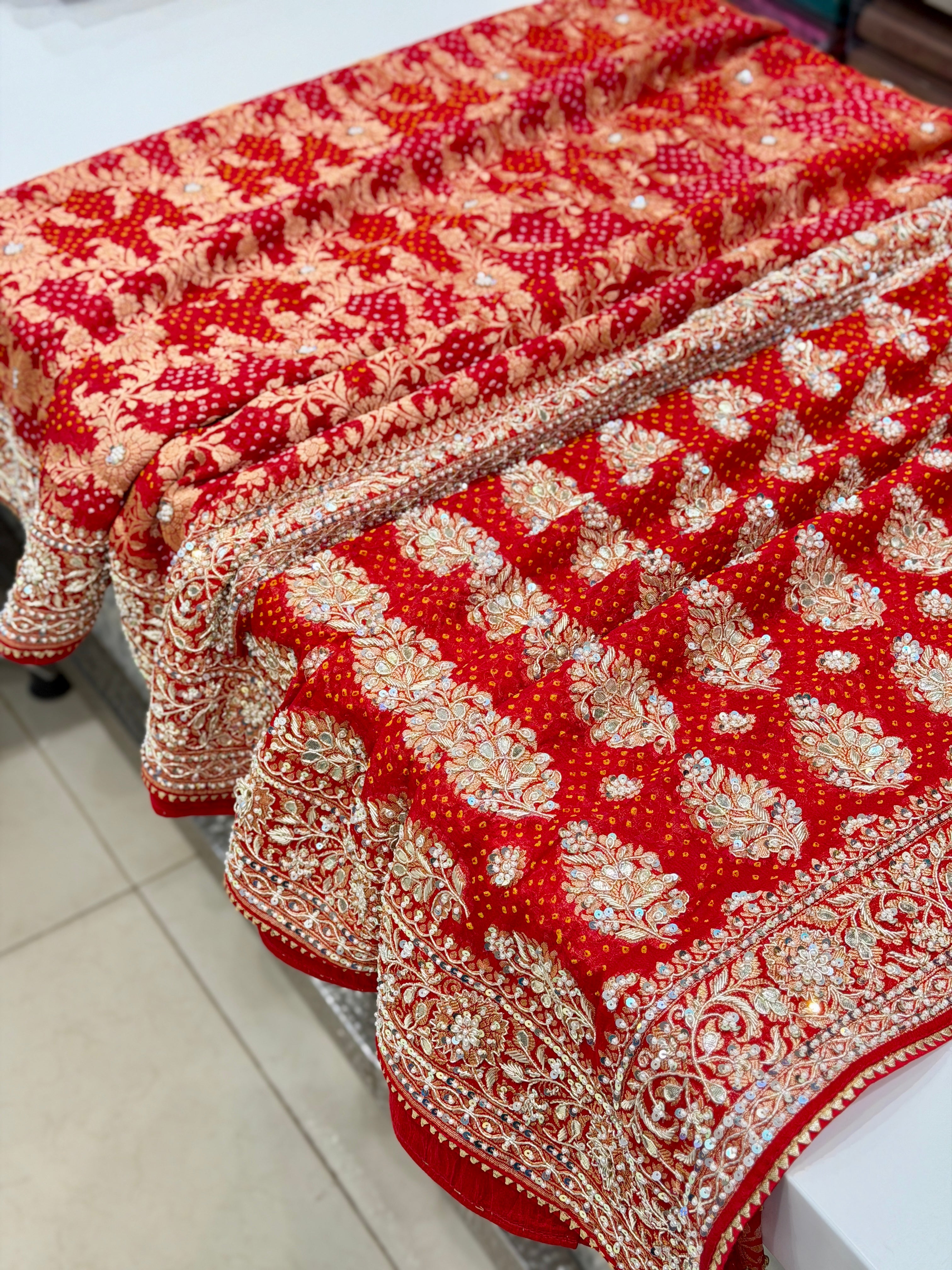 Red Bandhej Zardosi Hand Embroidery Saree