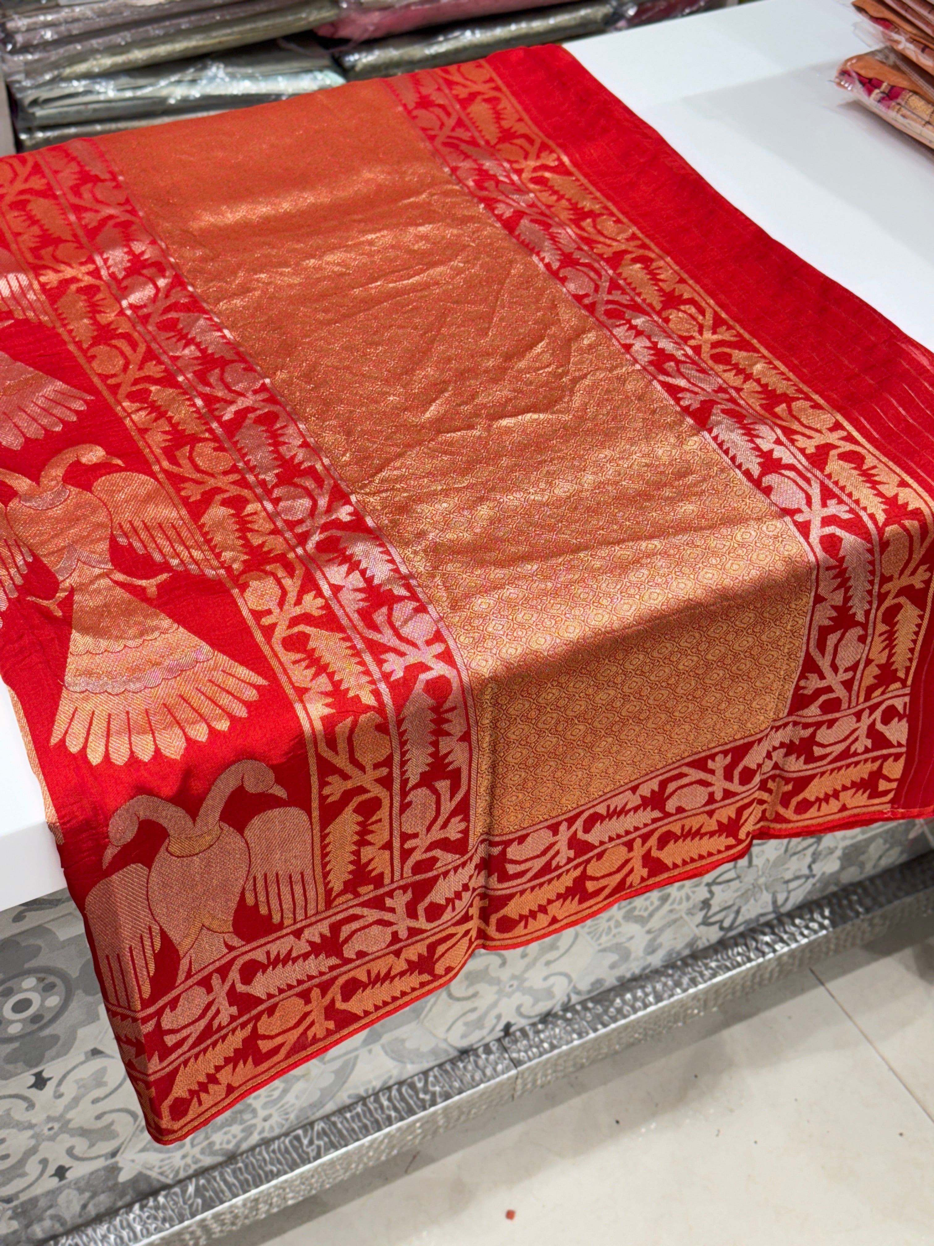 Red Nita Ambani Inspired Contemporary Banarasi Munga Saree