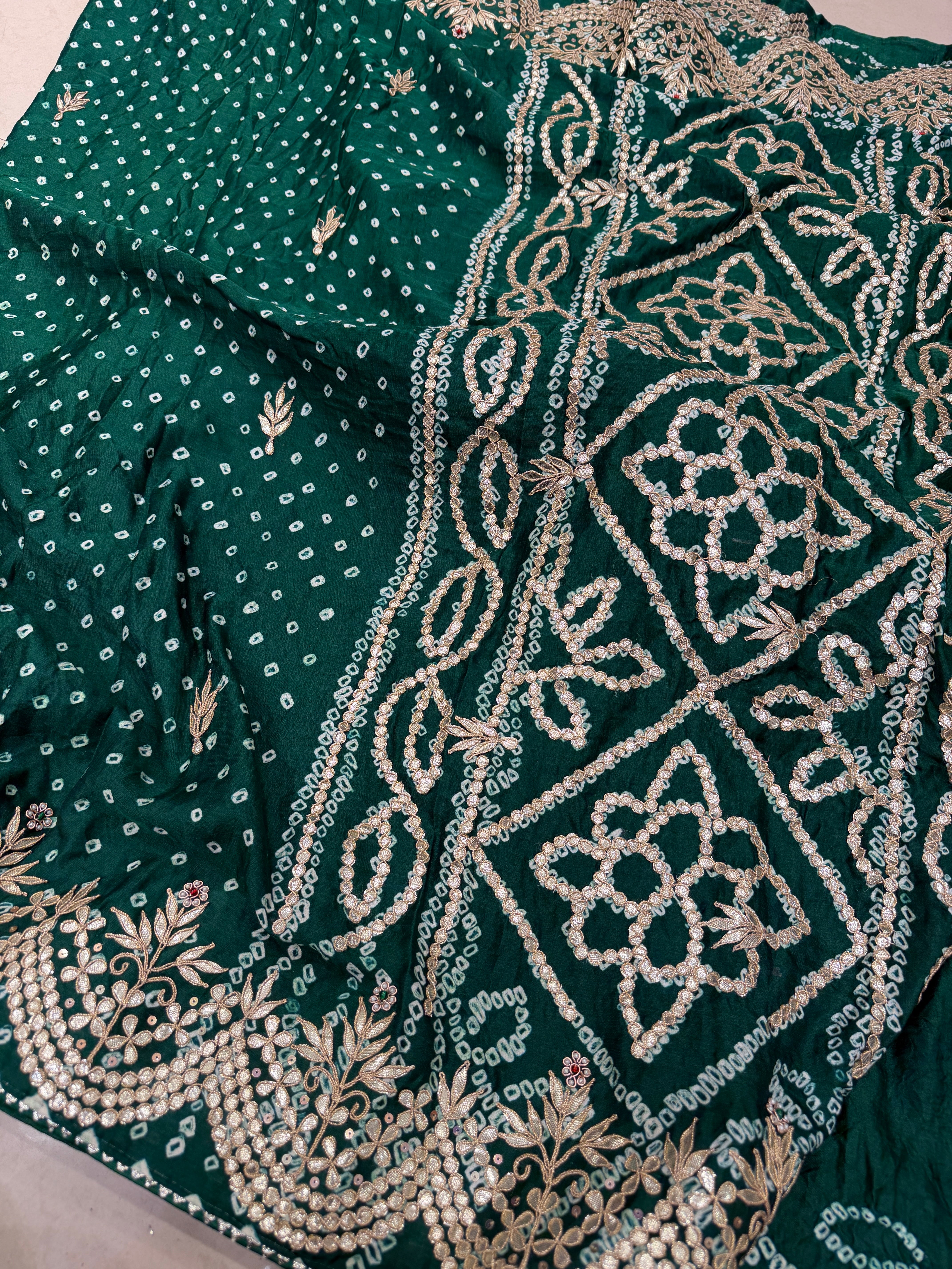 Bottle Green Gajji Silk Bandhej Gotapatti Hand Embroidery Saree